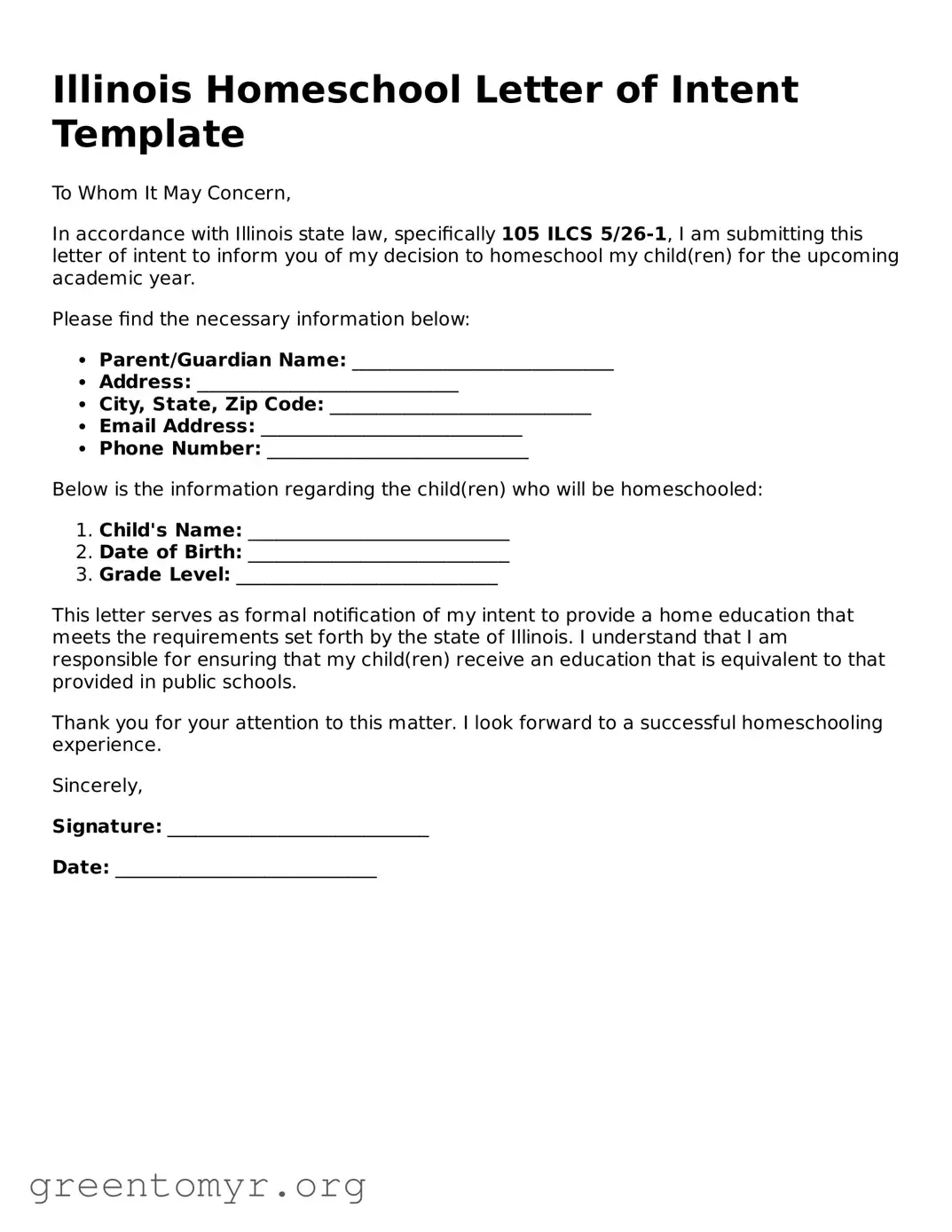 Homeschool Letter of Intent Form for the State of Illinois