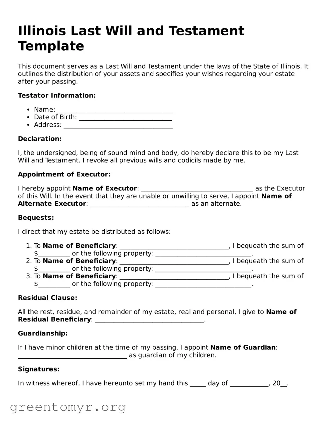Last Will and Testament Form for the State of Illinois