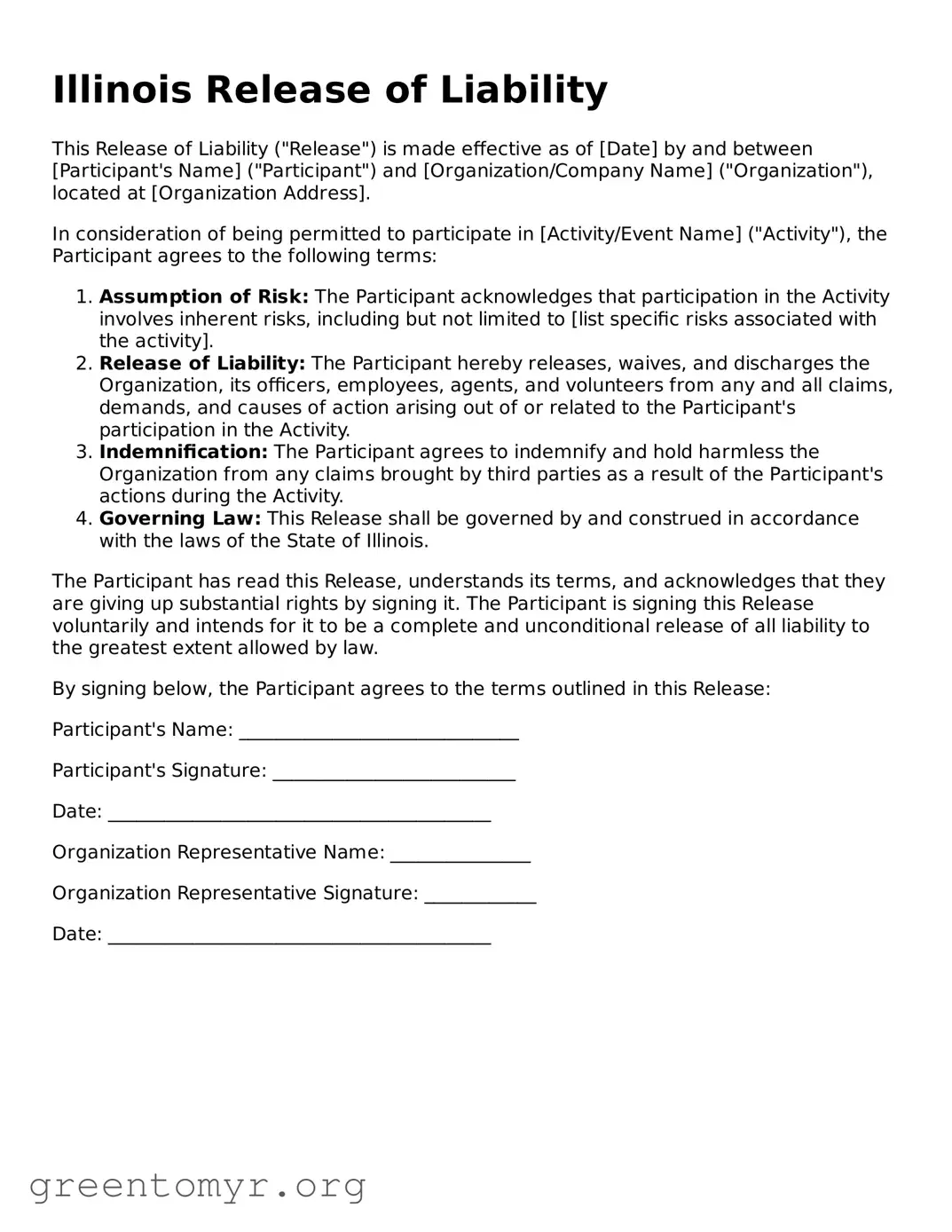 Release of Liability Form for the State of Illinois