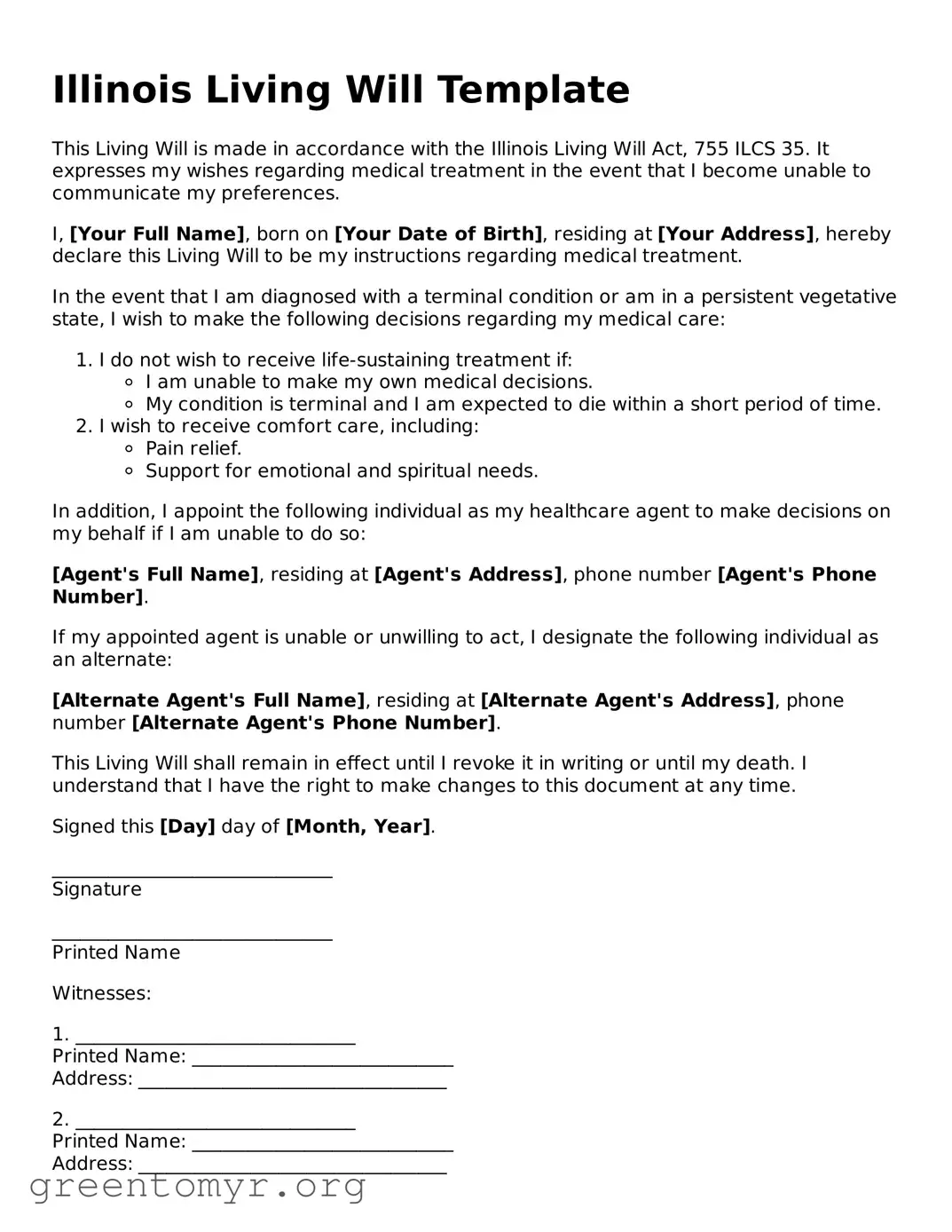 Living Will Form for the State of Illinois