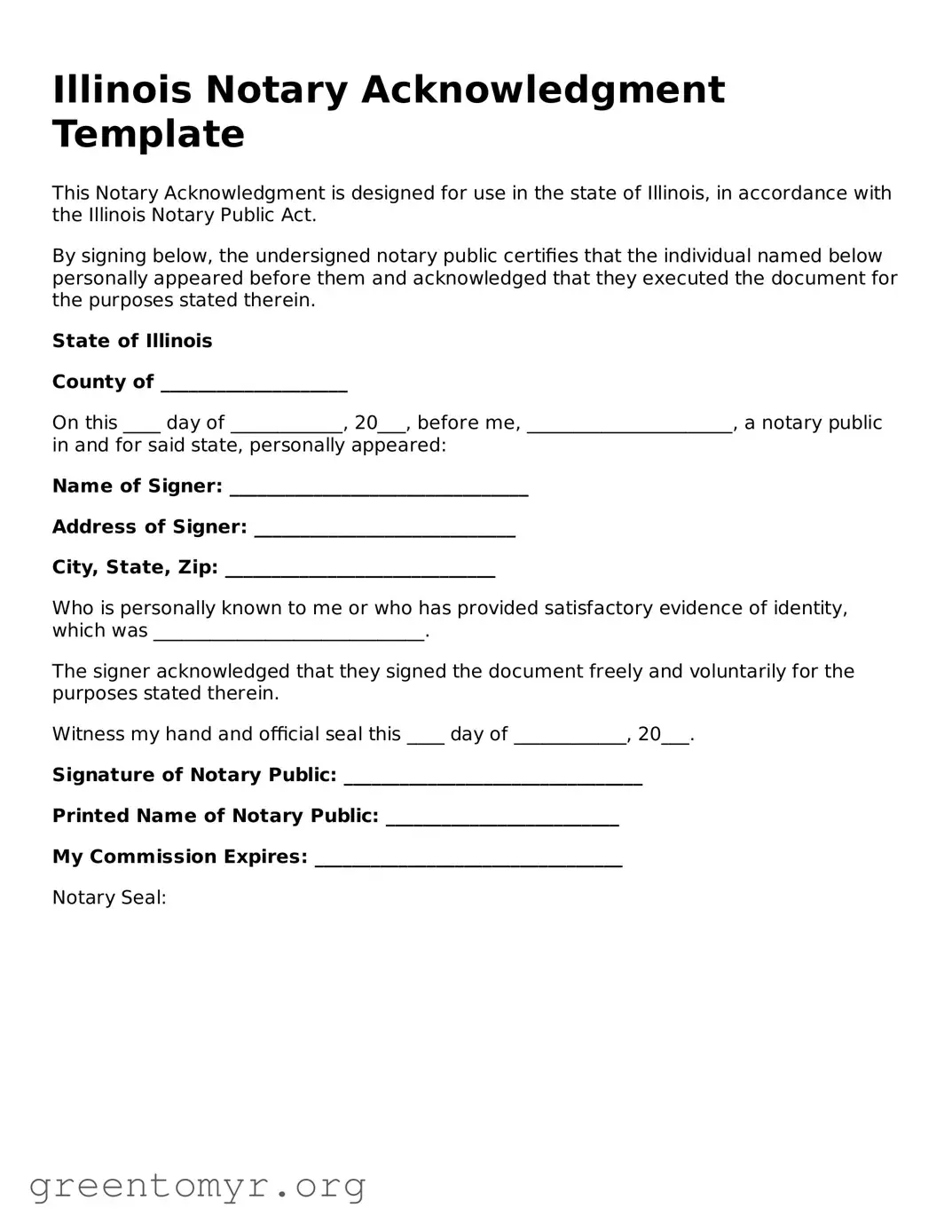 Notary Acknowledgement Form for the State of Illinois