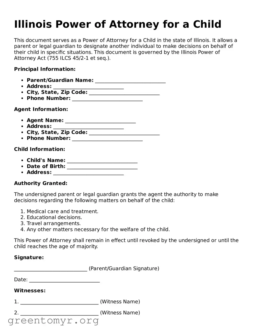 Power of Attorney for a Child Form for the State of Illinois