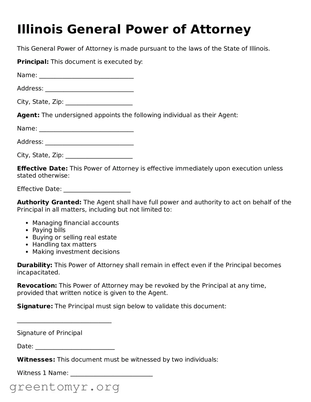 General Power of Attorney Form for the State of Illinois