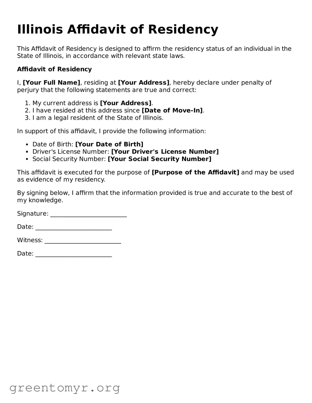 Affidavit of Residency Form for the State of Illinois