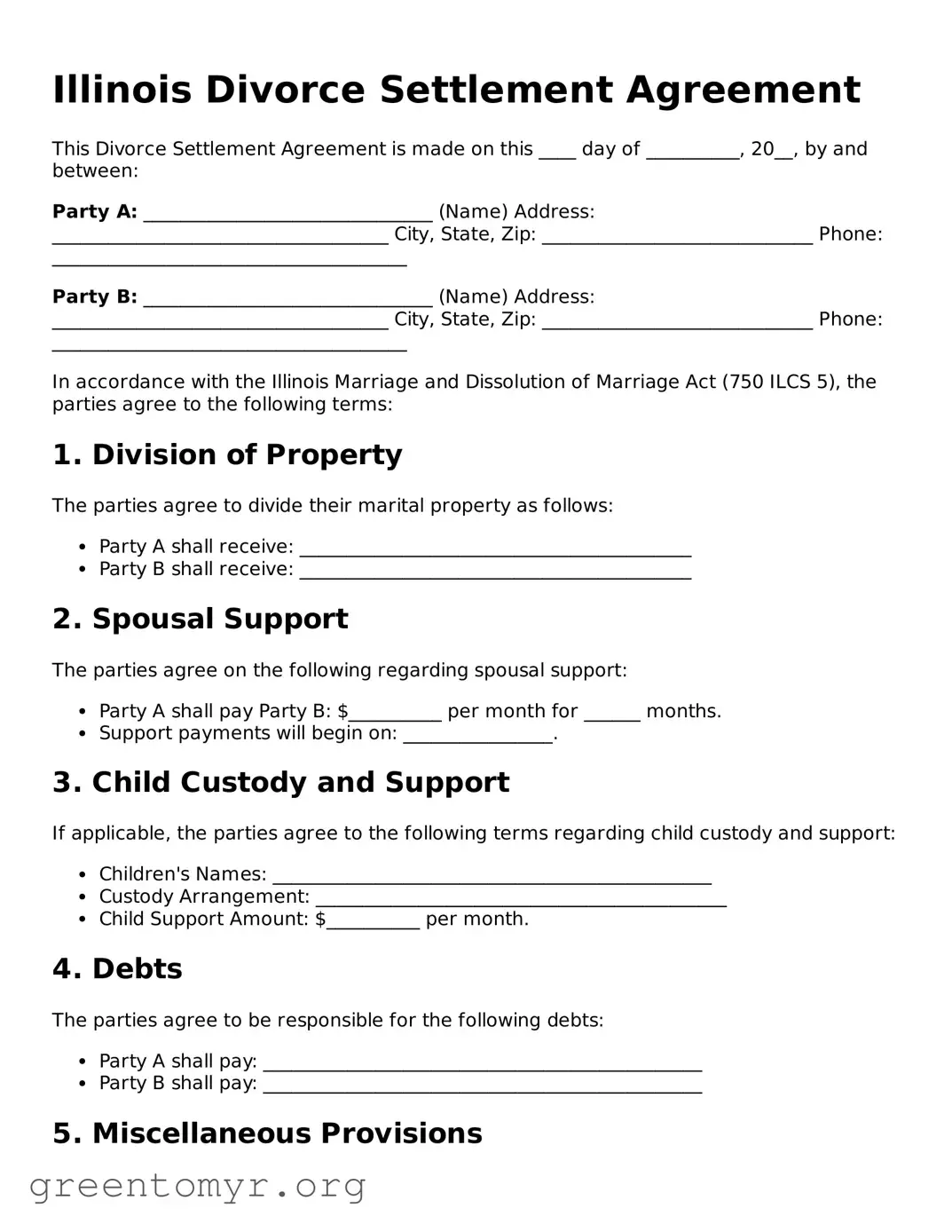 Divorce Settlement Agreement Form for the State of Illinois