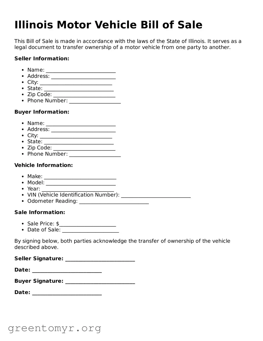 Motor Vehicle Bill of Sale Form for the State of Illinois