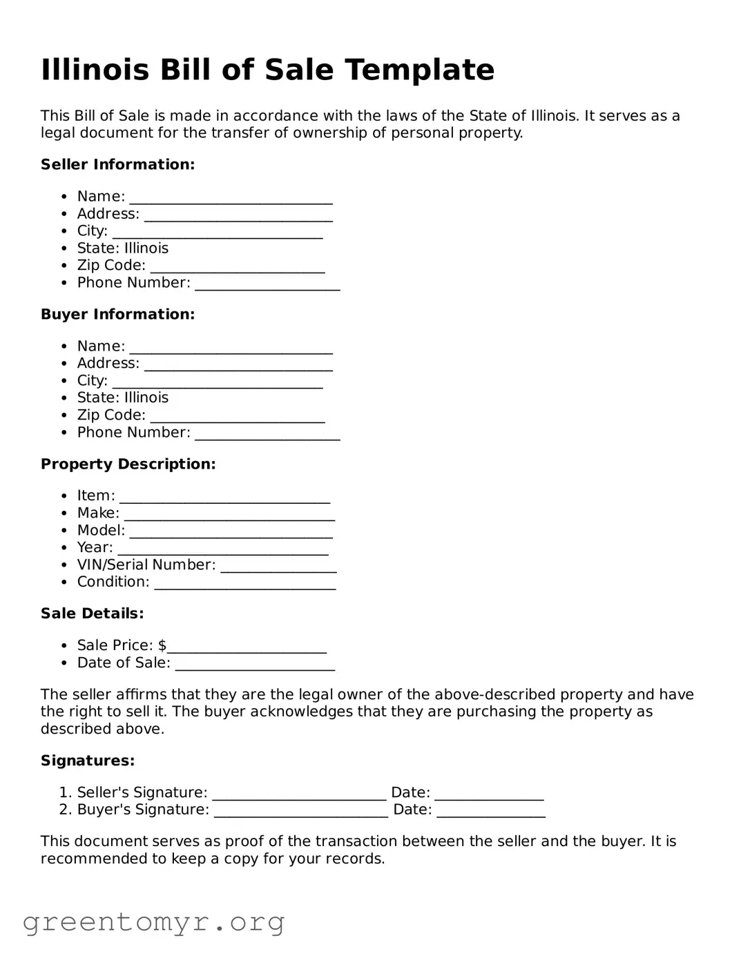 Bill of Sale Form for the State of Illinois