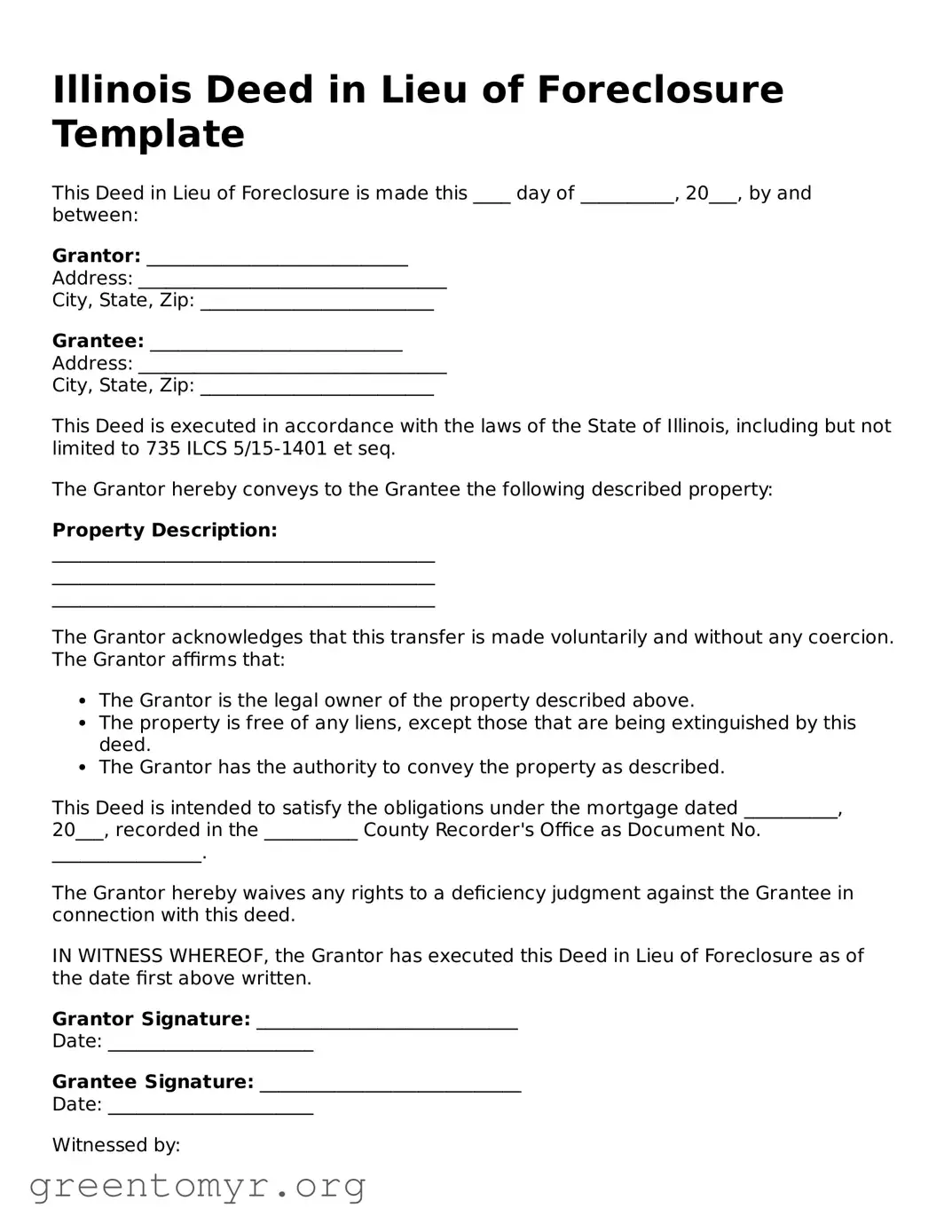 Deed in Lieu of Foreclosure Form for the State of Illinois