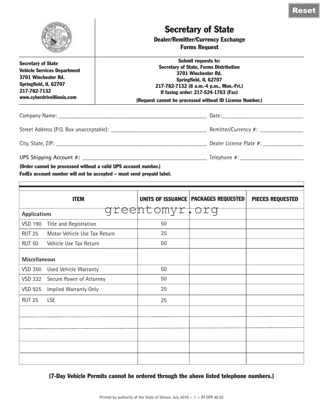 Fill in a Valid Illinois Vsd 190 Template