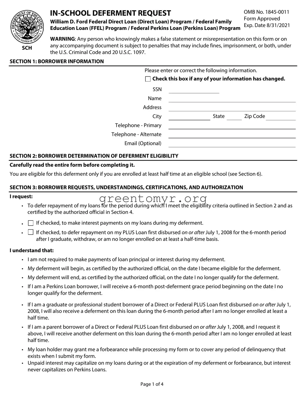 Fill in a Valid In School Deferment Request Template