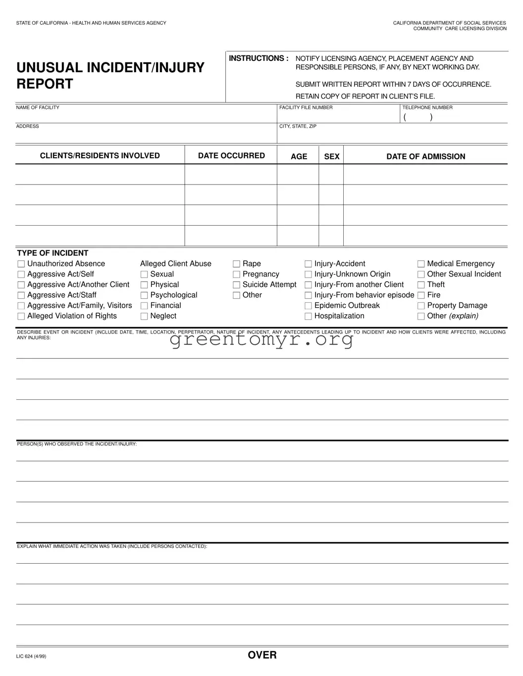 Fill in a Valid Incident Report Lic 624 Template