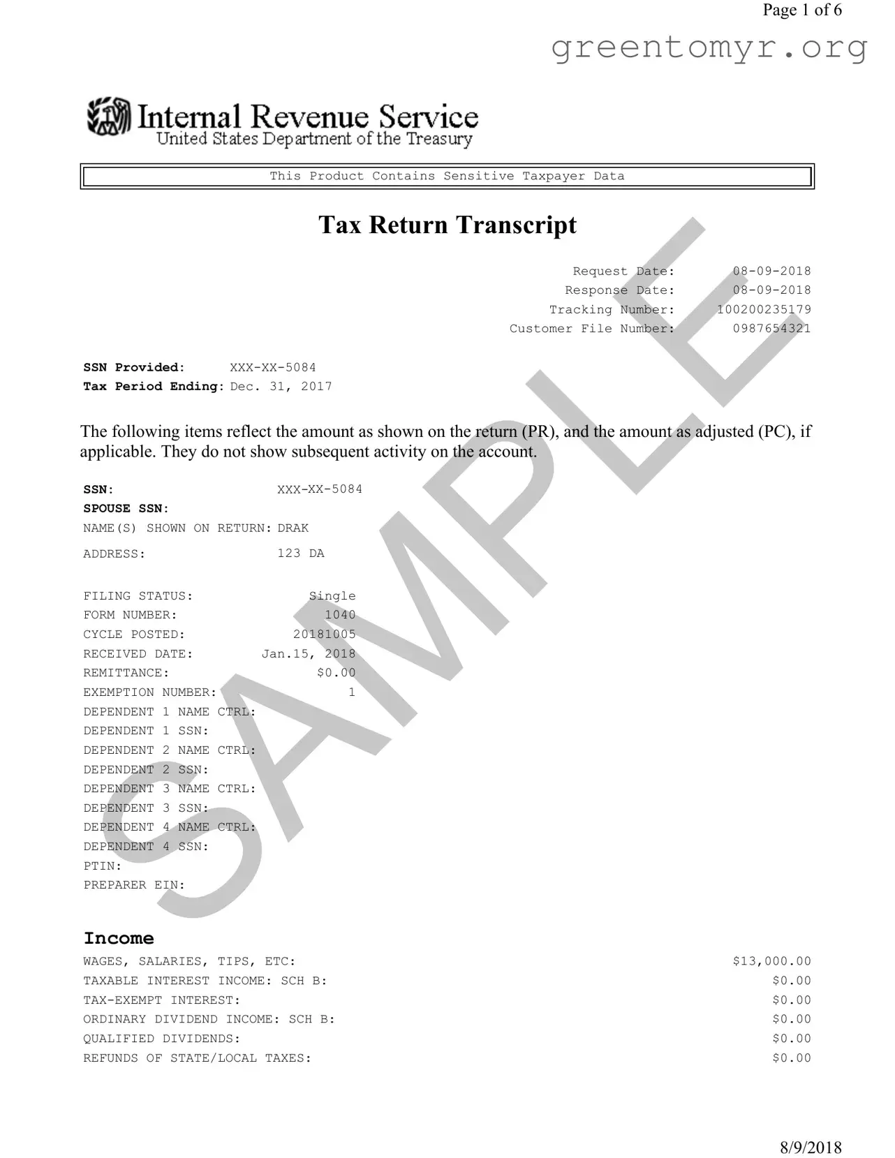 Fill in a Valid Sample Tax Return Transcript Template