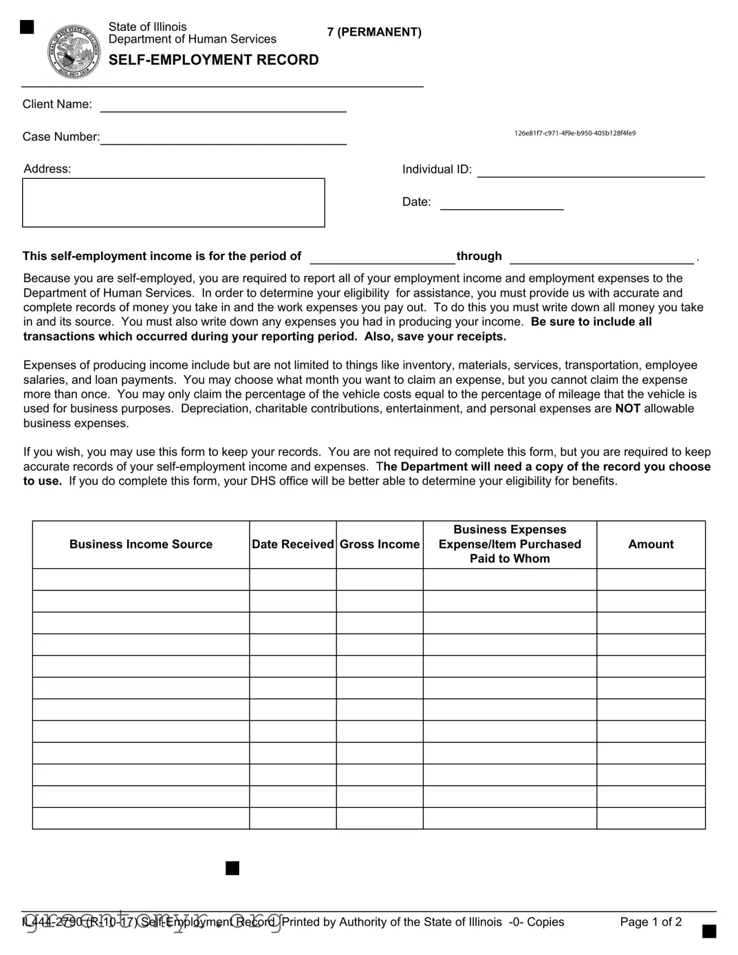 Fill in a Valid Il 444 2790 Self Employment Record Template