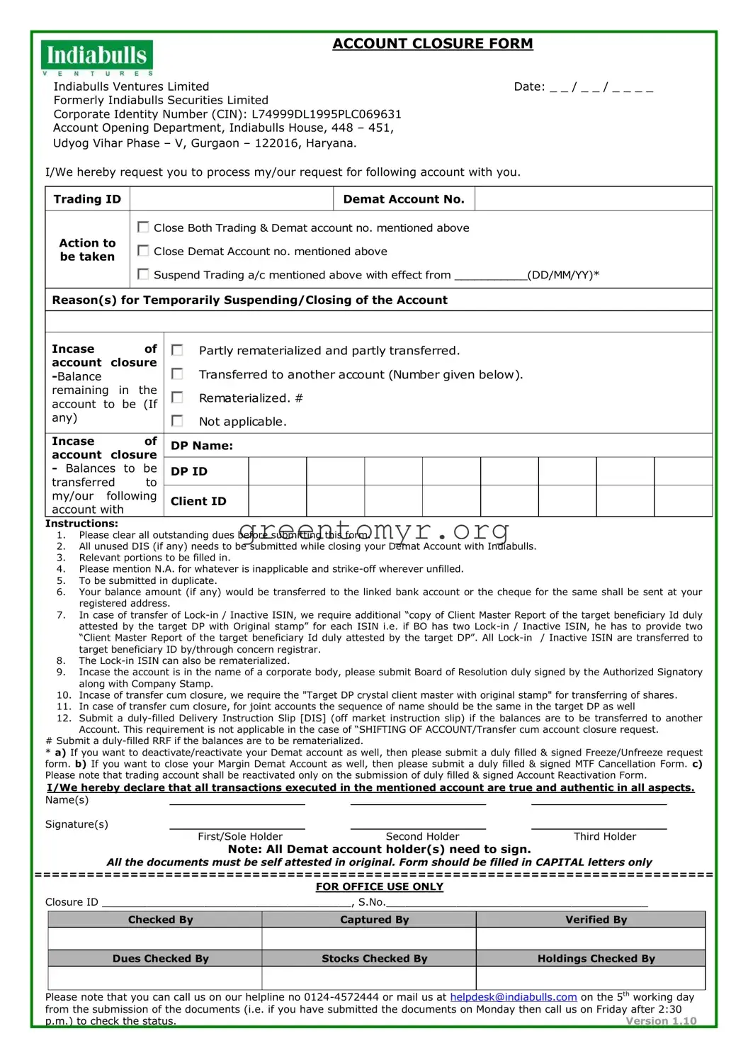 Fill in a Valid Indiabulls Ventures Account Closer Template