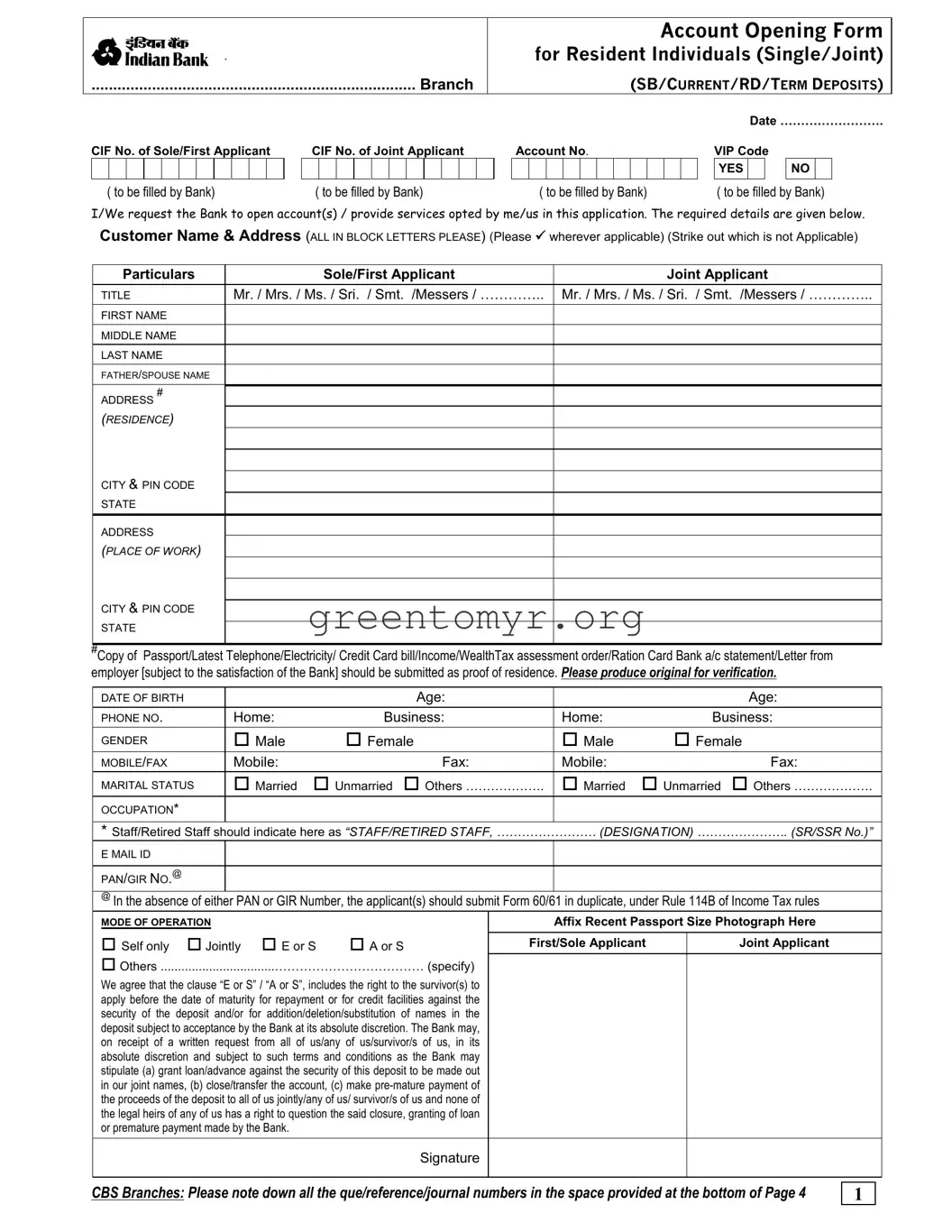 Fill in a Valid Indian Bank Account Opening Template