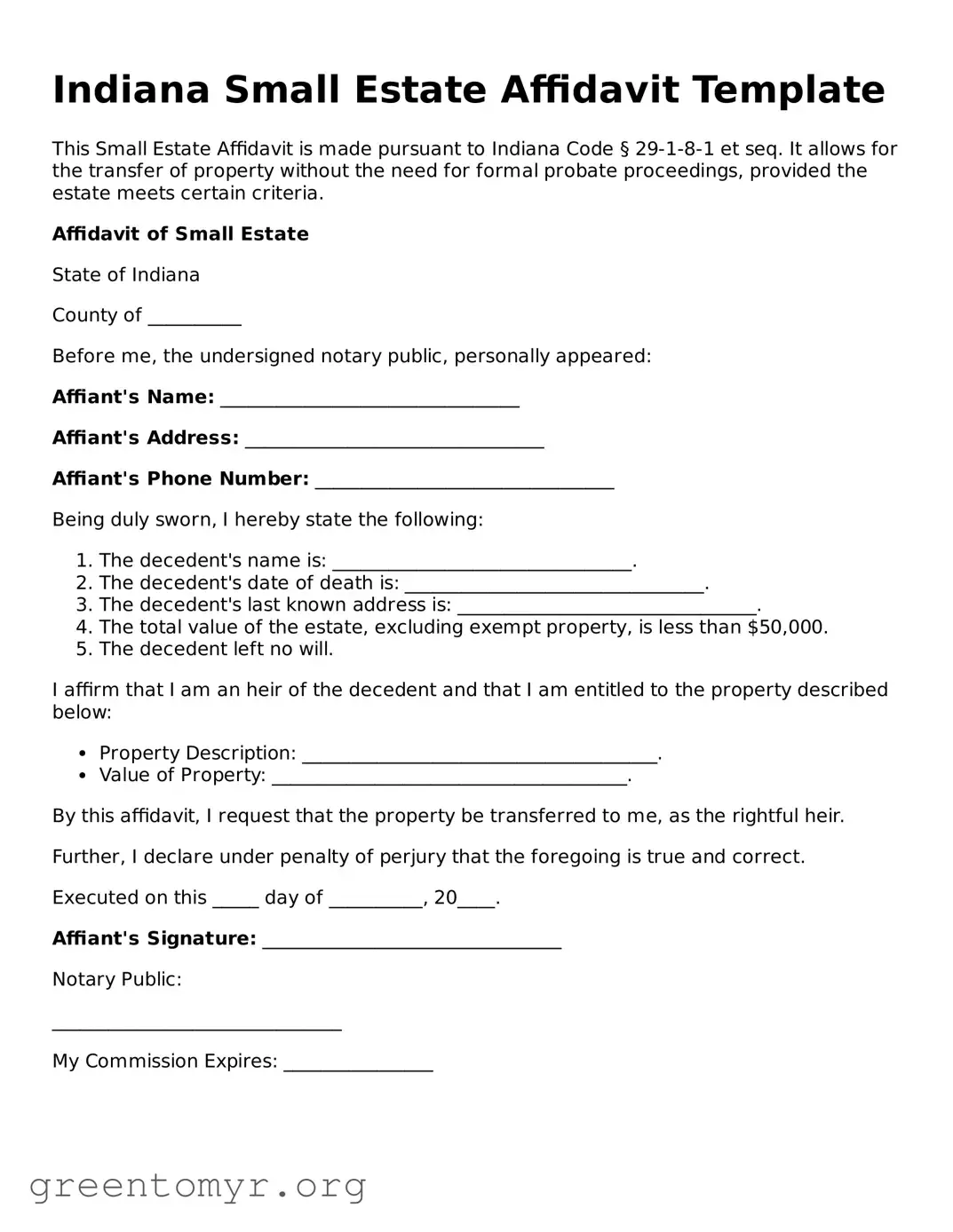 Small Estate Affidavit Form for the State of Indiana