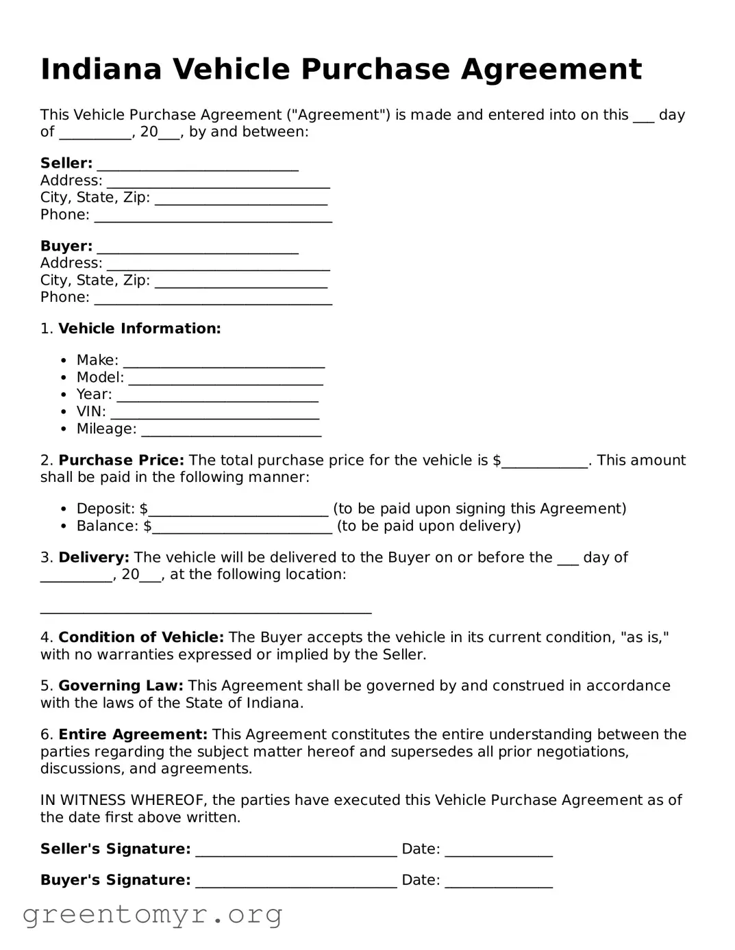Vehicle Purchase Agreement Form for the State of Indiana