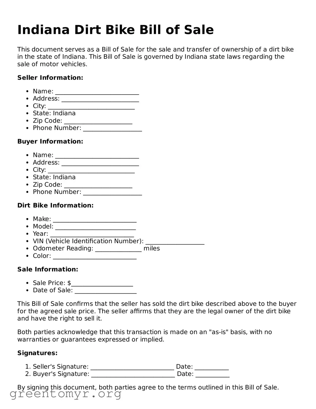 Dirt Bike Bill of Sale Form for the State of Indiana