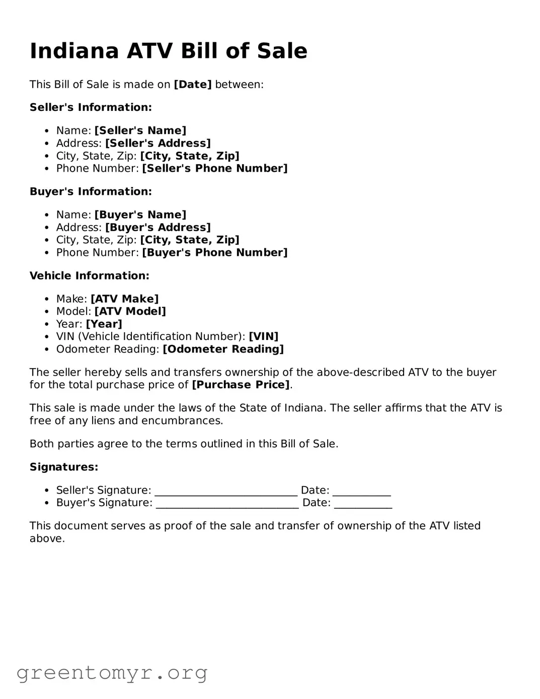 ATV Bill of Sale Form for the State of Indiana