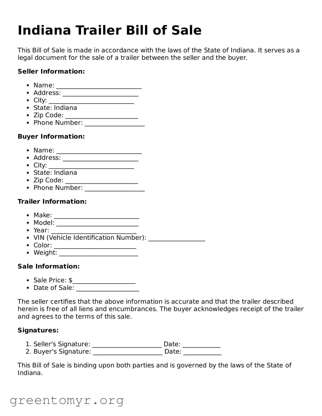 Trailer Bill of Sale Form for the State of Indiana