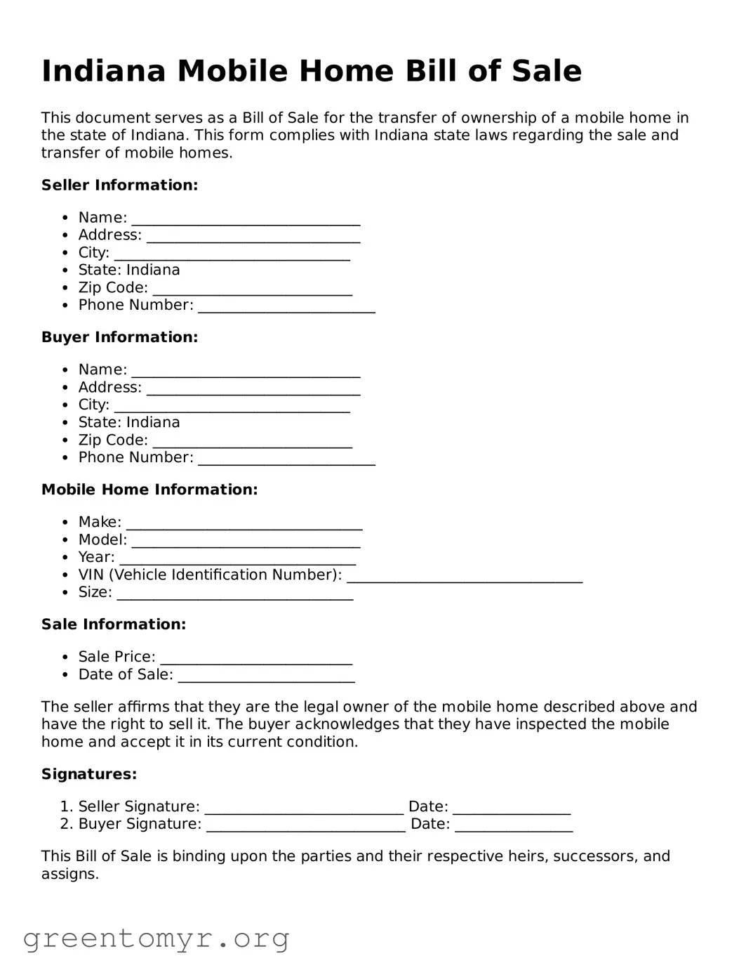 Mobile Home Bill of Sale Form for the State of Indiana