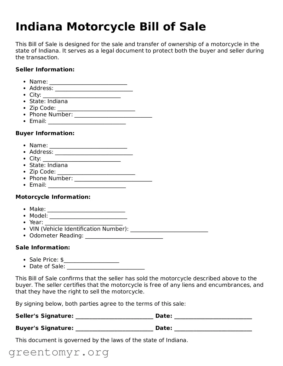 Motorcycle Bill of Sale Form for the State of Indiana