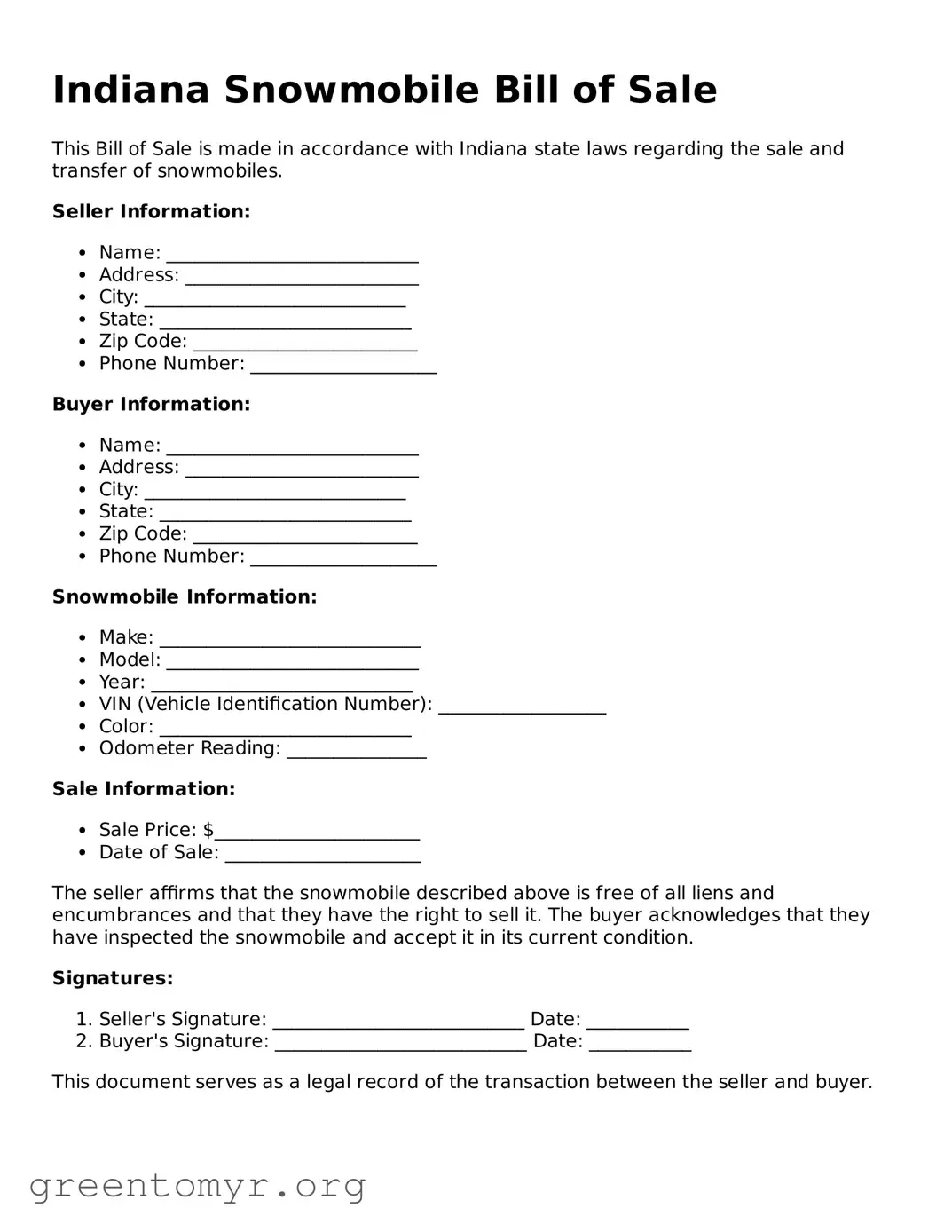 Snowmobile Bill of Sale Form for the State of Indiana