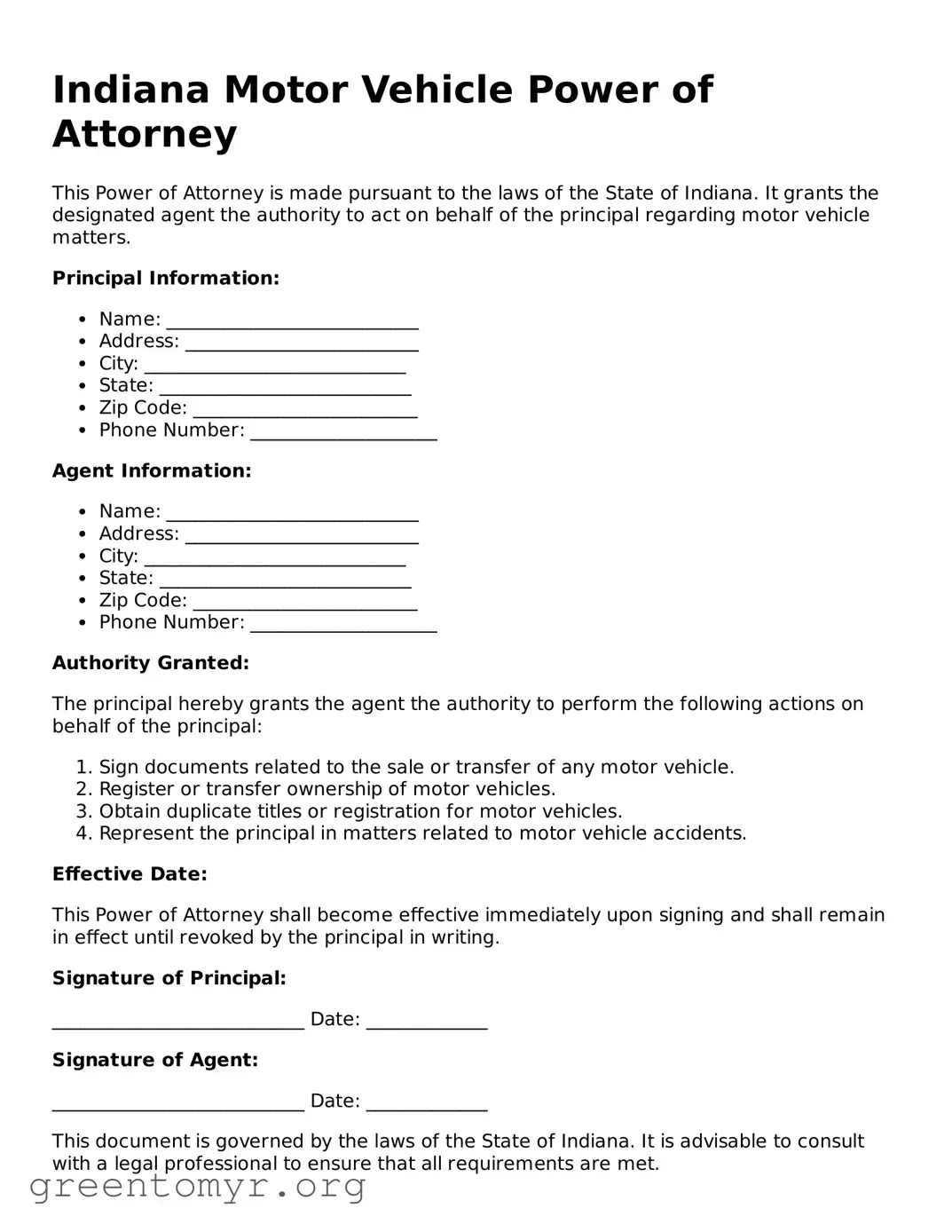 Motor Vehicle Power of Attorney Form for the State of Indiana