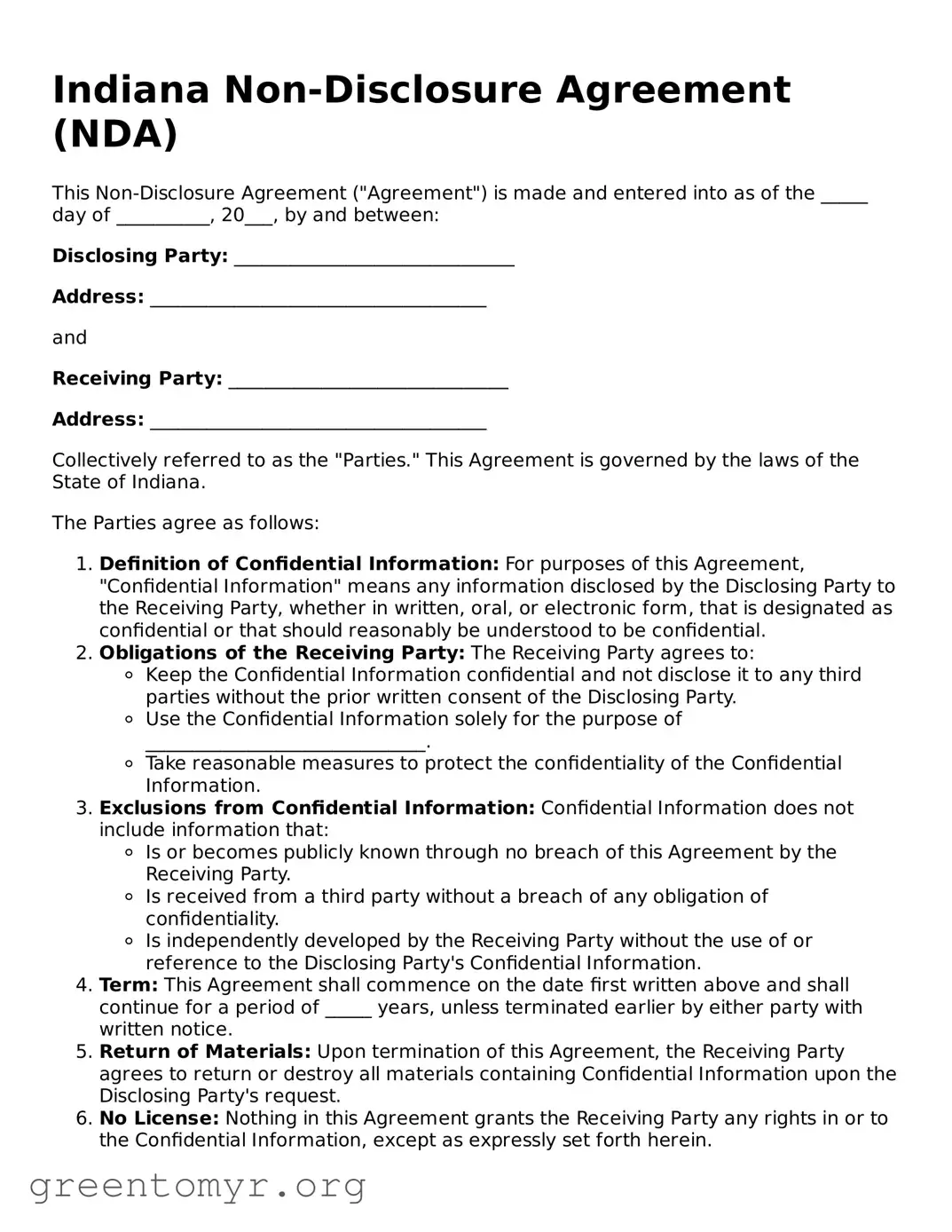 Non-disclosure Agreement Form for the State of Indiana