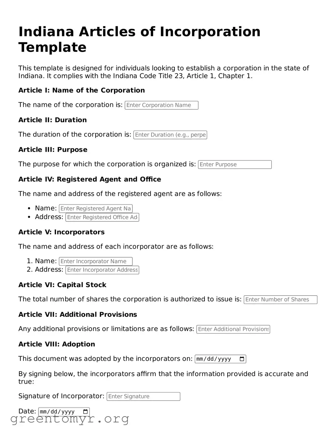Articles of Incorporation Form for the State of Indiana