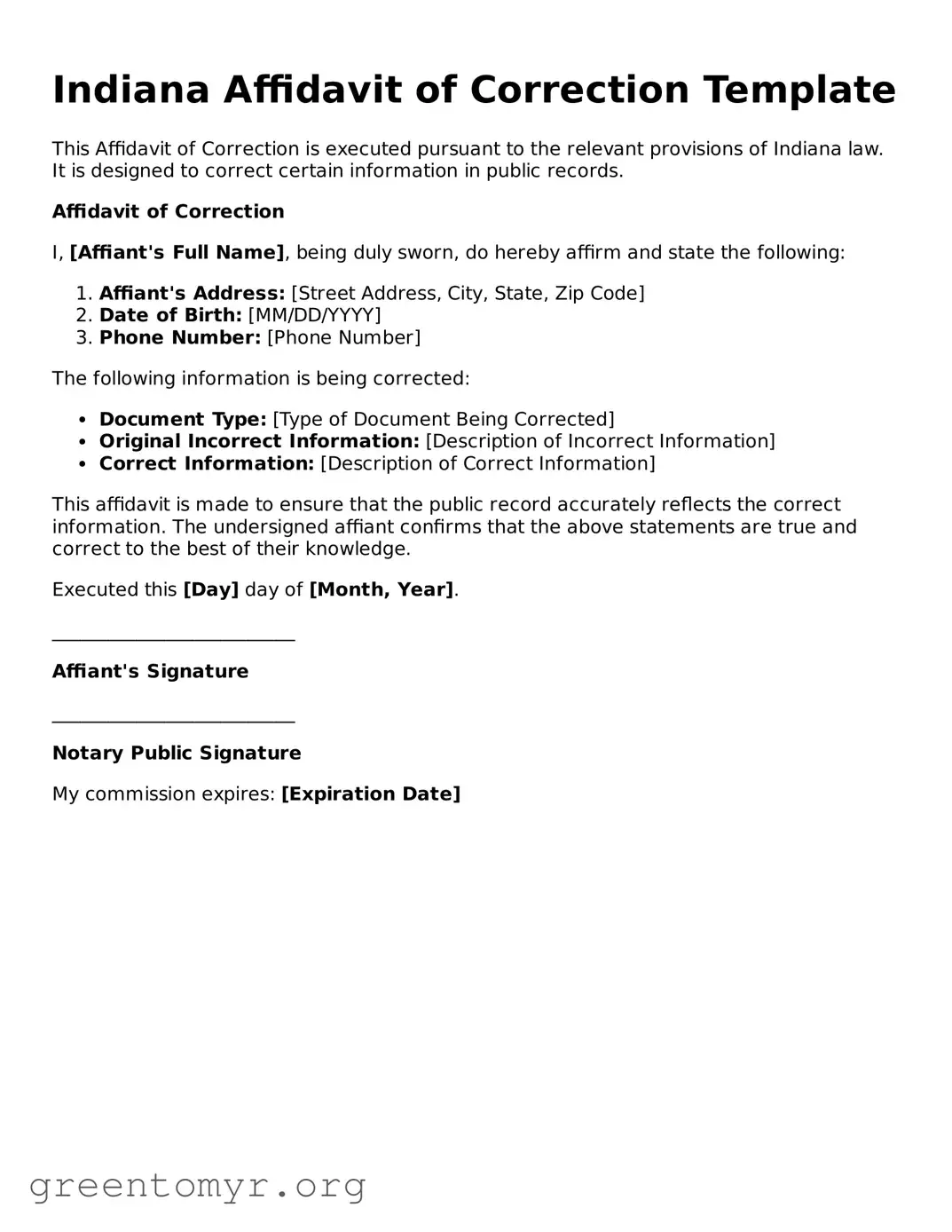 Affidavit of Correction Form for the State of Indiana