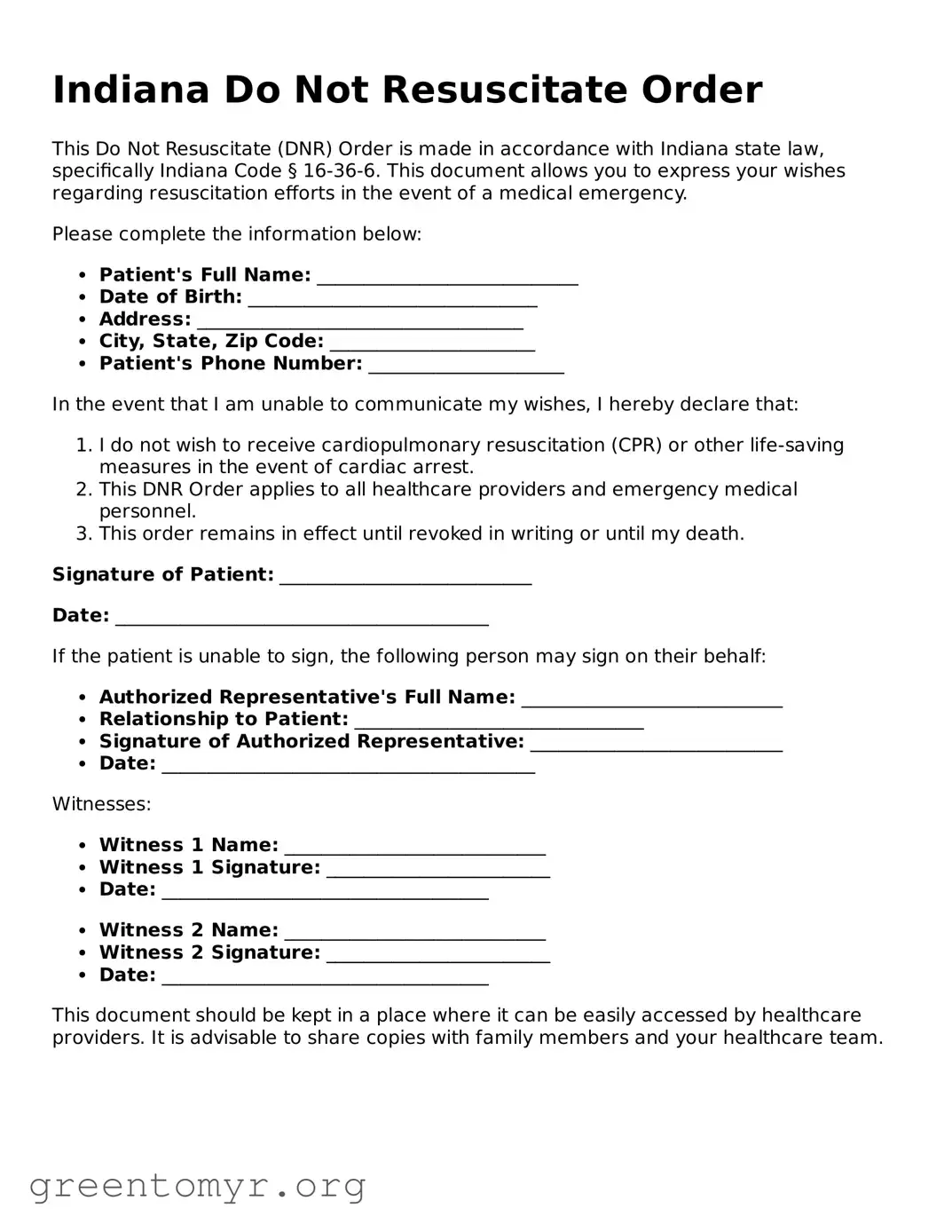 Do Not Resuscitate Order Form for the State of Indiana