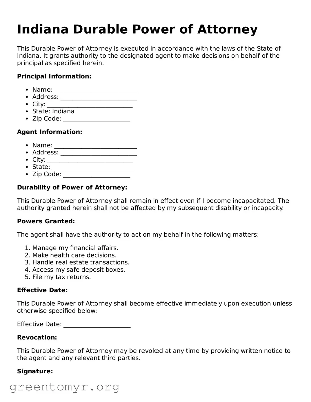 Durable Power of Attorney Form for the State of Indiana