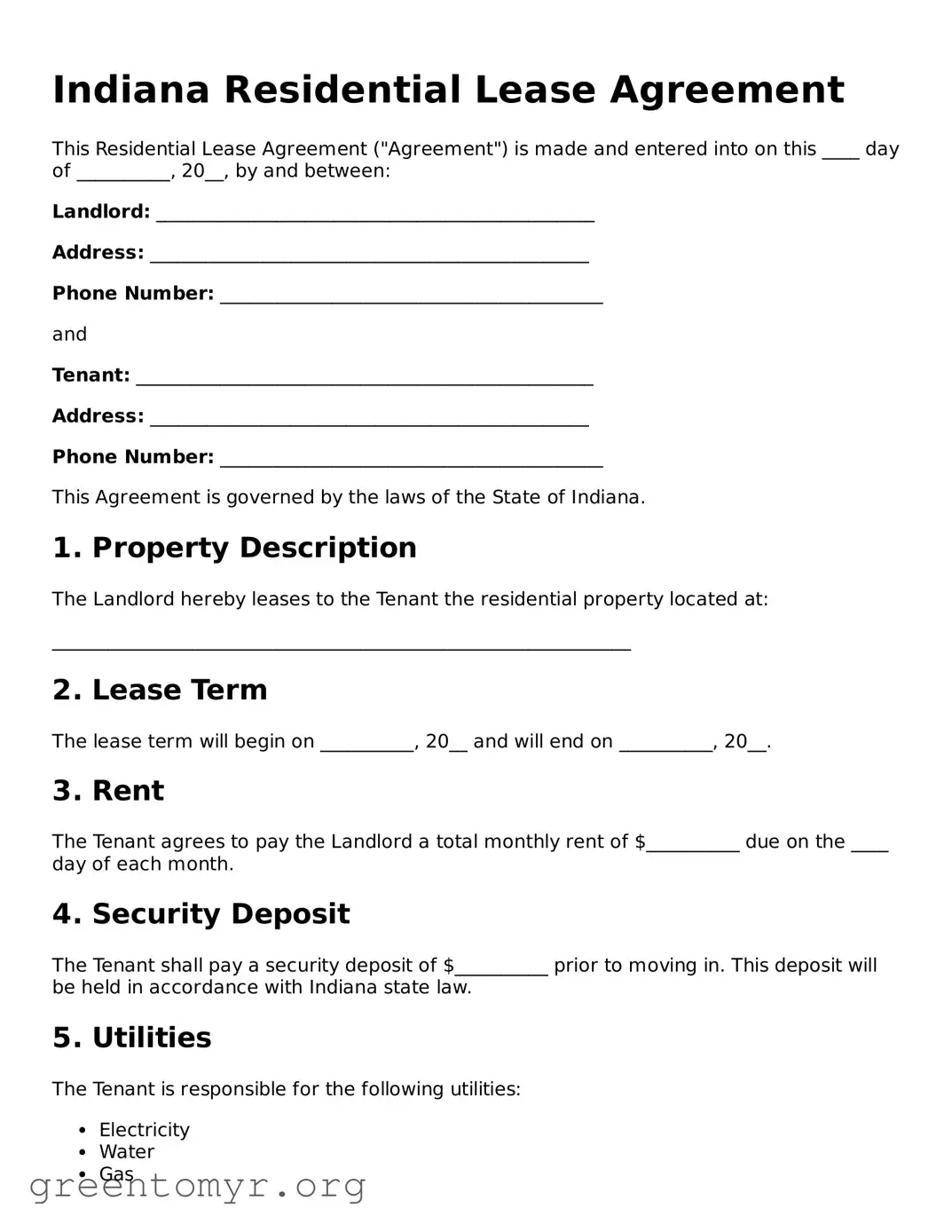 Residential Lease Agreement Form for the State of Indiana