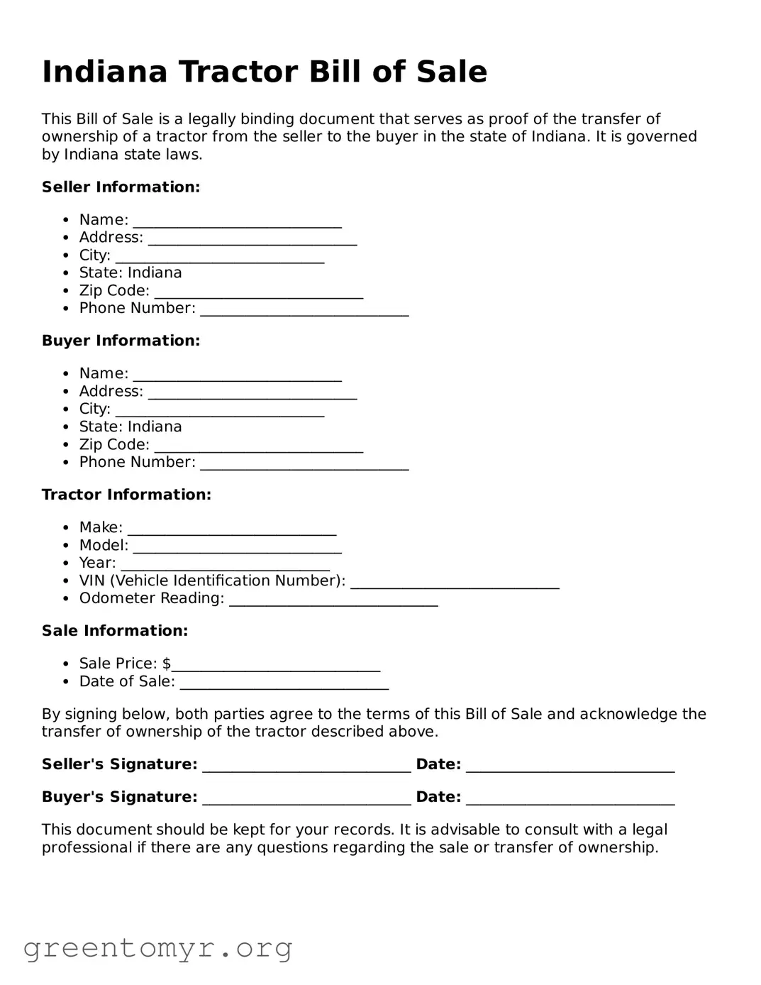 Tractor Bill of Sale Form for the State of Indiana