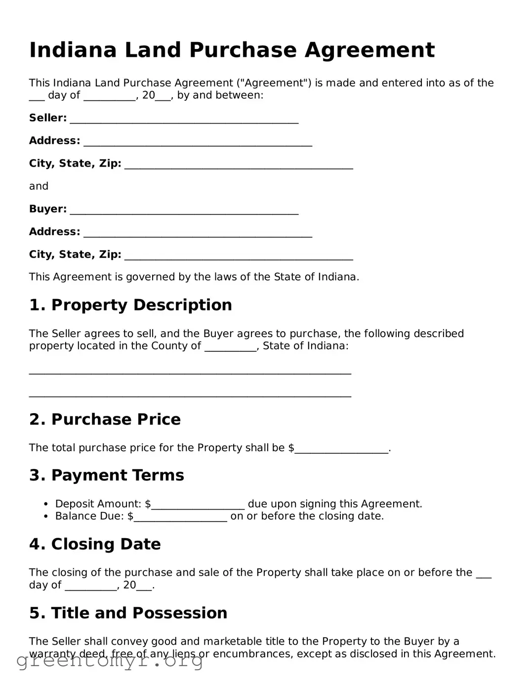 Land Purchase Agreement Form for the State of Indiana