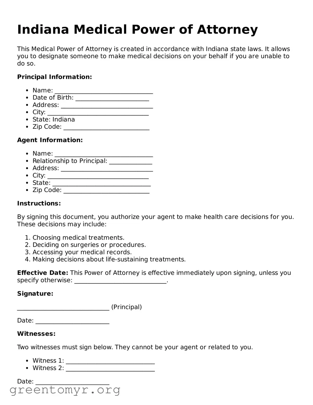 Medical Power of Attorney Form for the State of Indiana