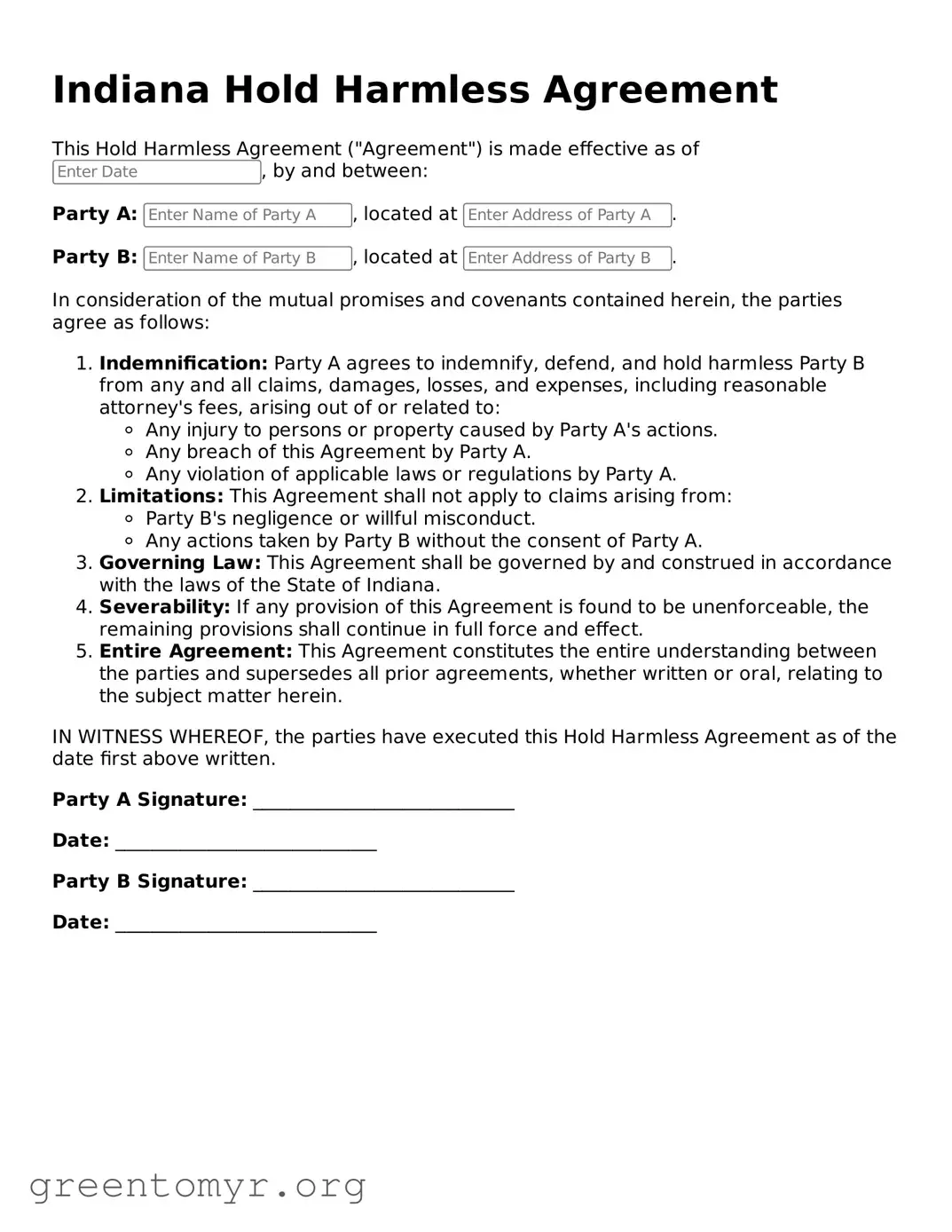 Hold Harmless Agreement Form for the State of Indiana