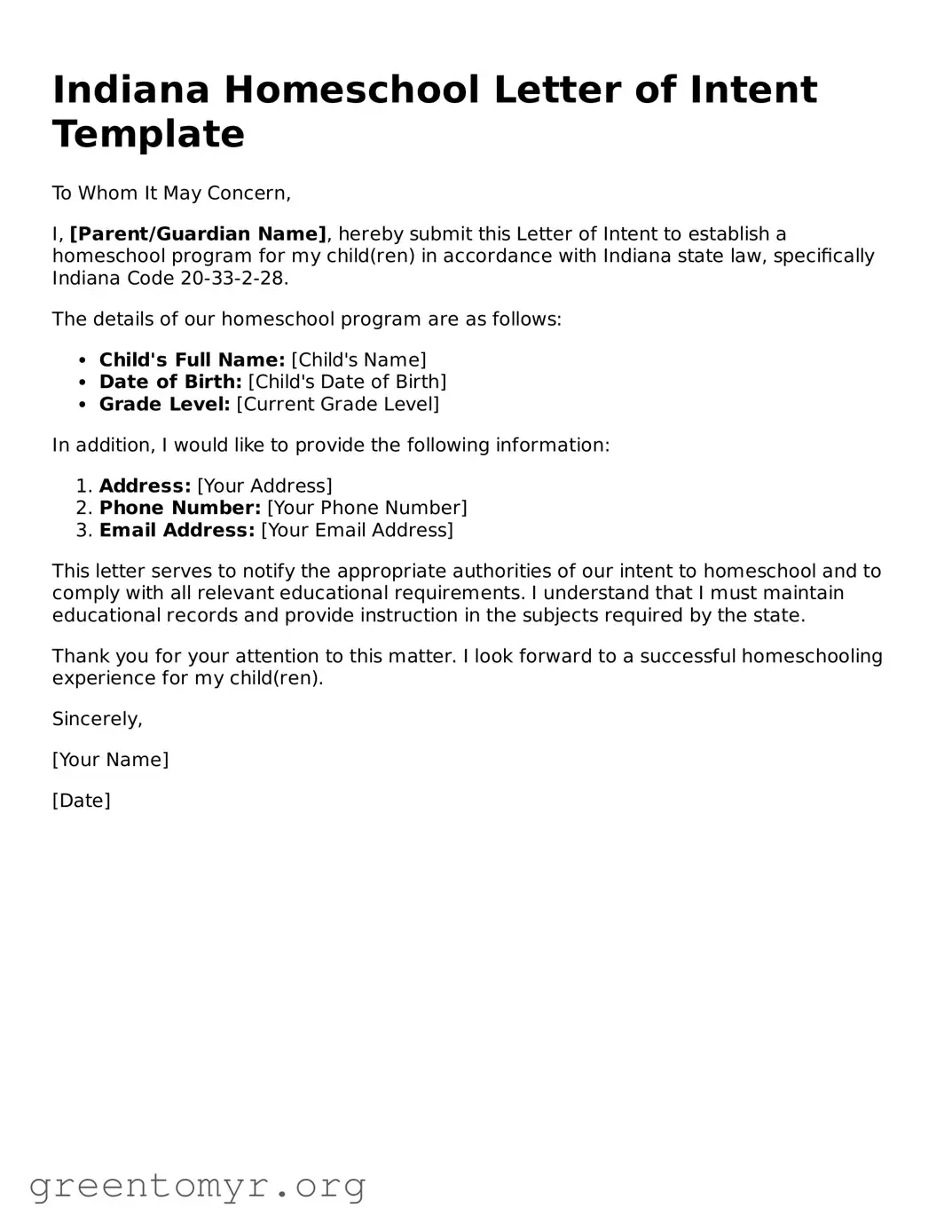 Homeschool Letter of Intent Form for the State of Indiana