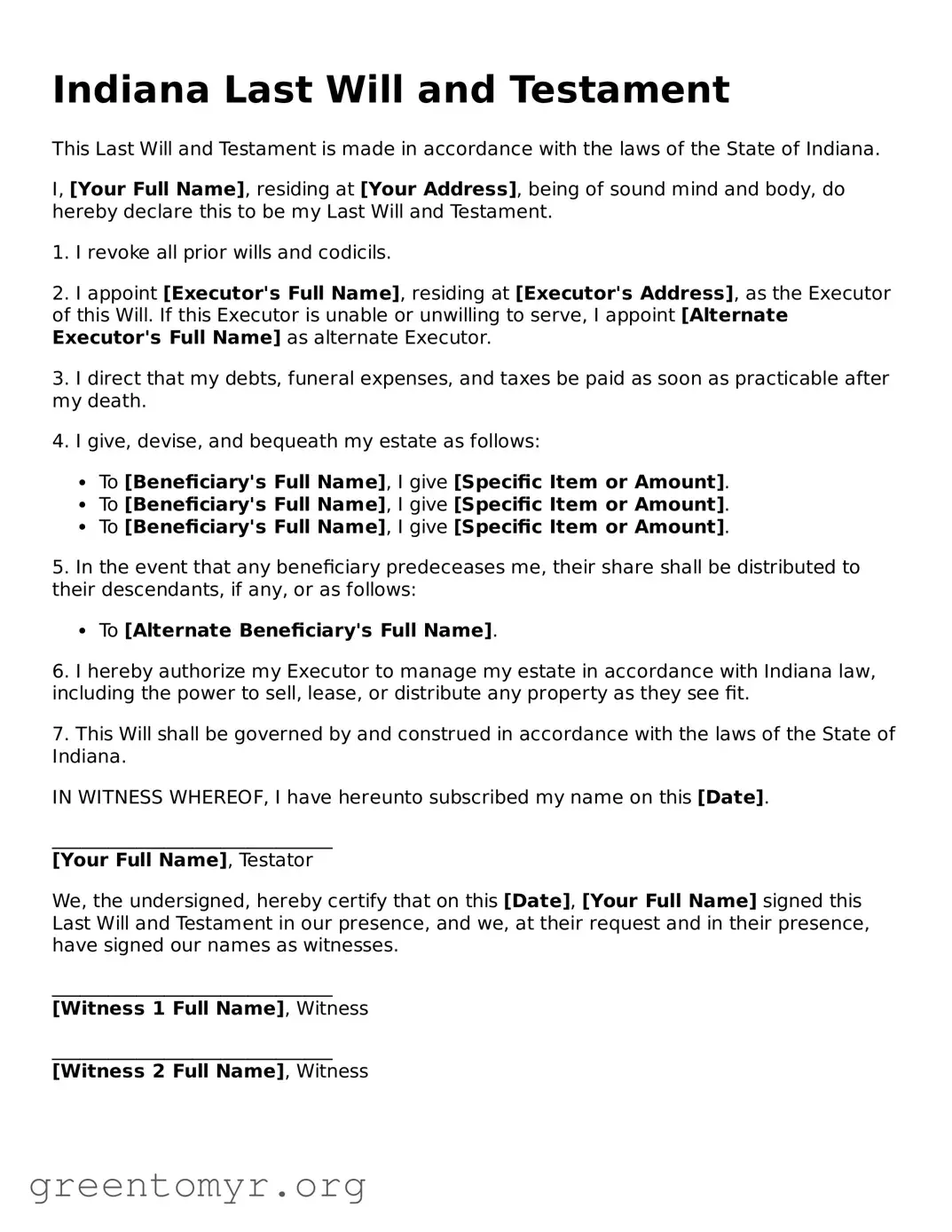 Last Will and Testament Form for the State of Indiana