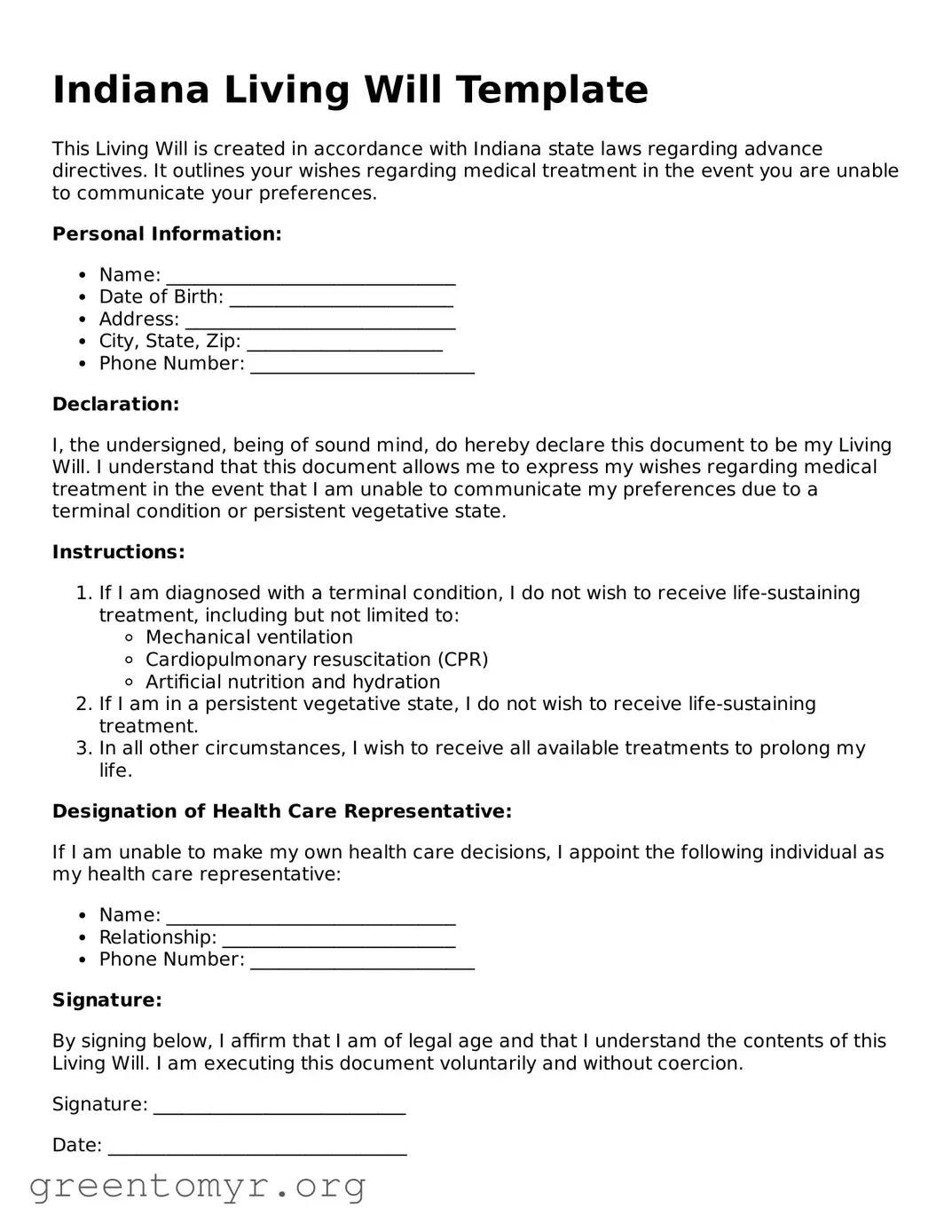 Living Will Form for the State of Indiana