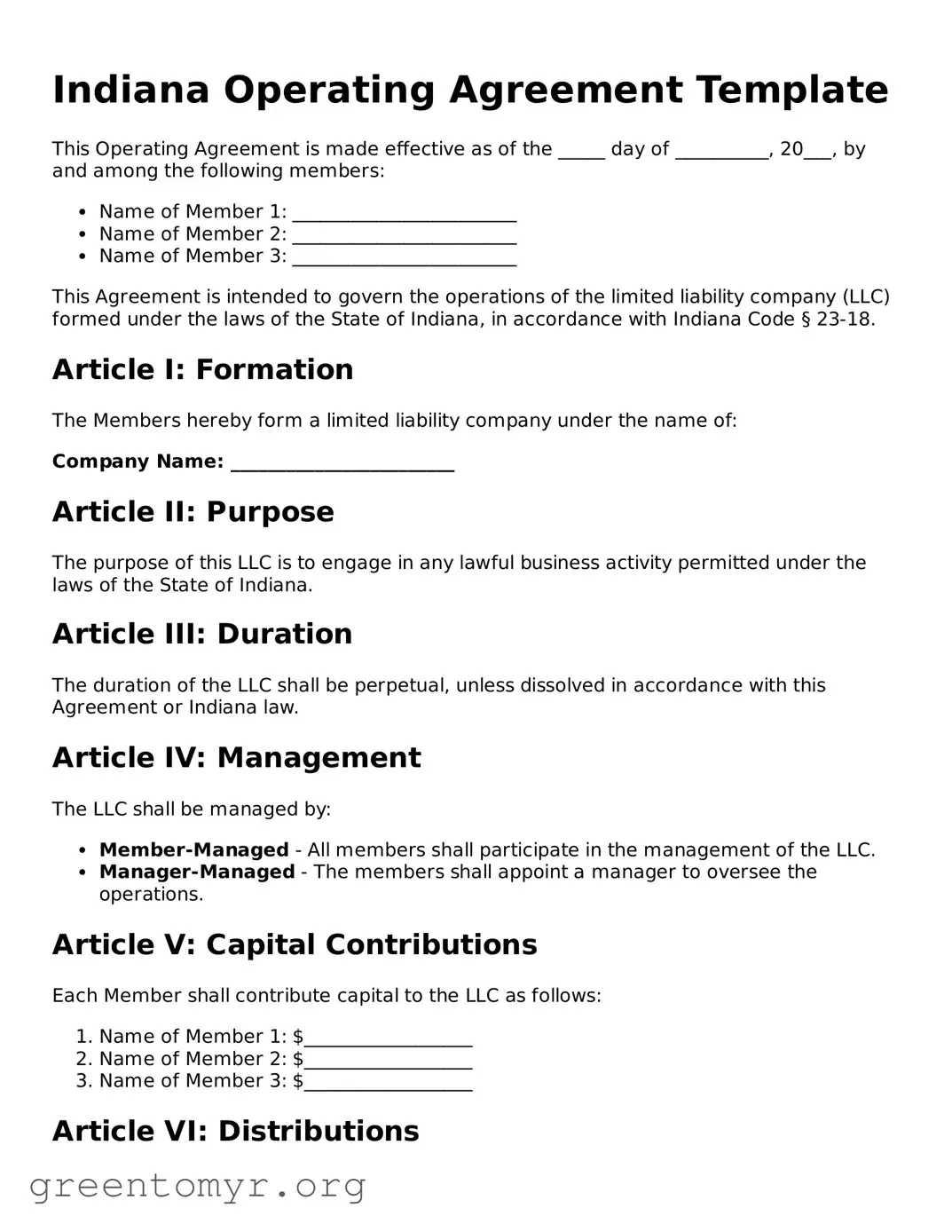 Operating Agreement Form for the State of Indiana