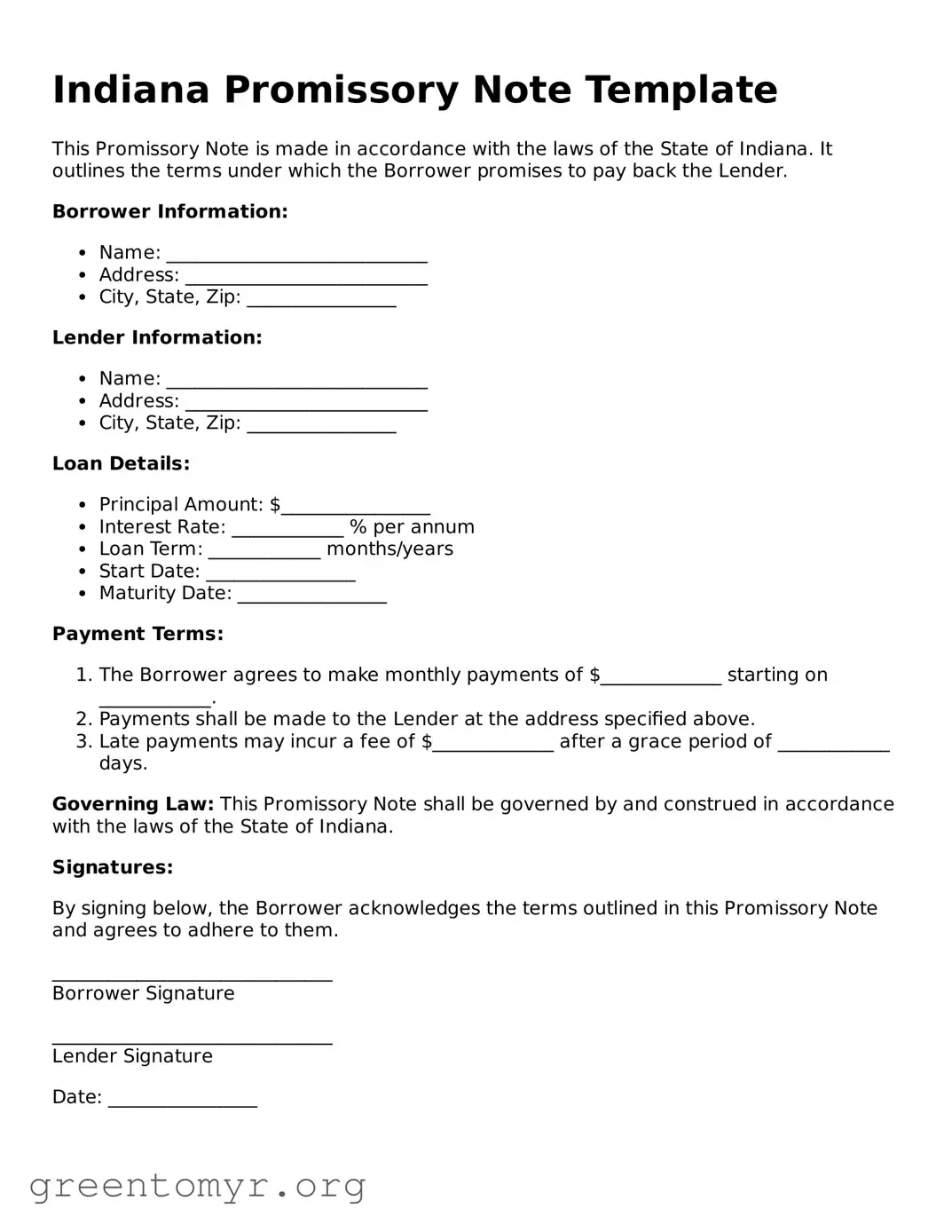 Promissory Note Form for the State of Indiana