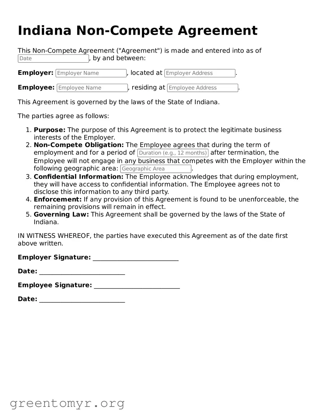 Non-compete Agreement Form for the State of Indiana