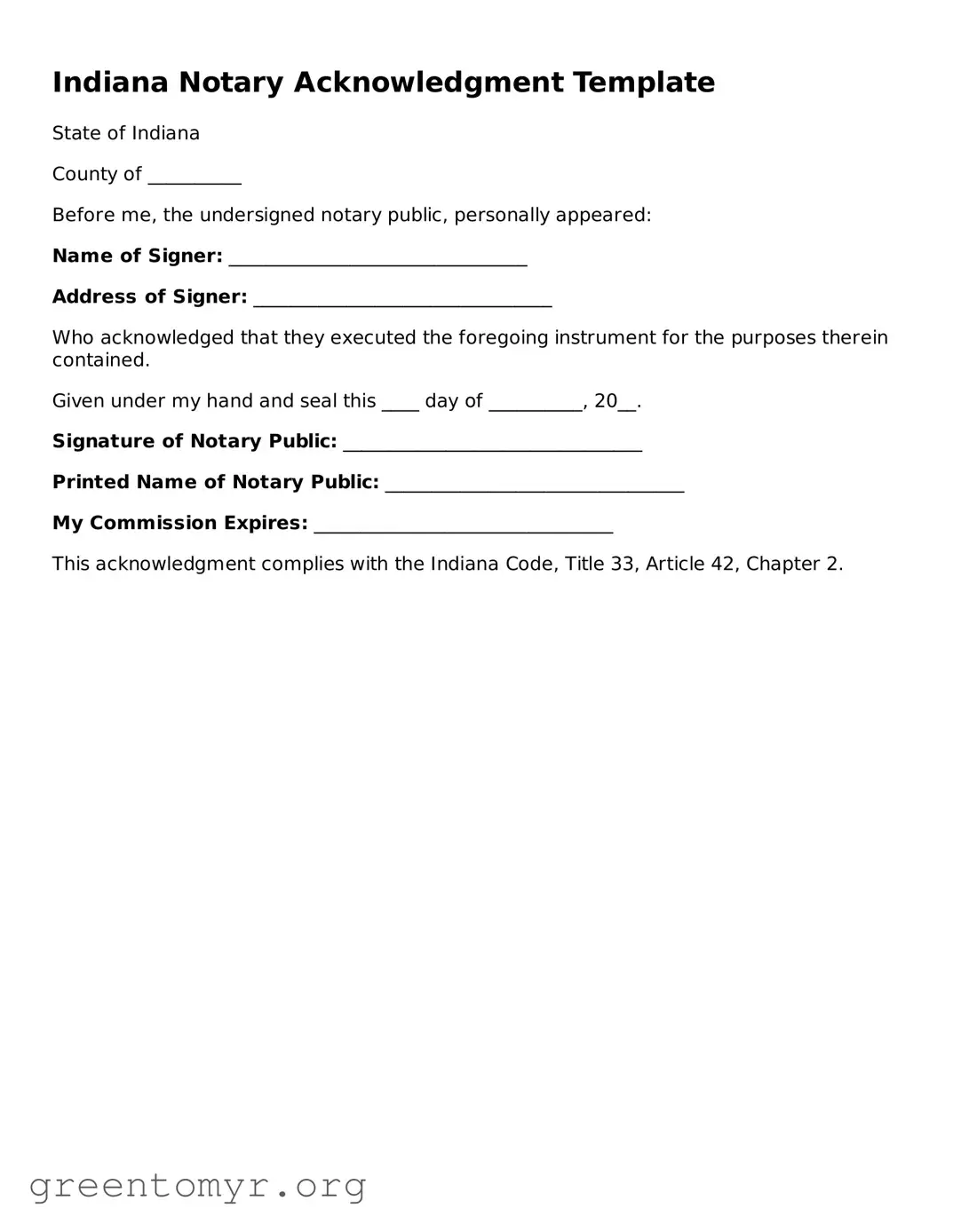 Notary Acknowledgement Form for the State of Indiana