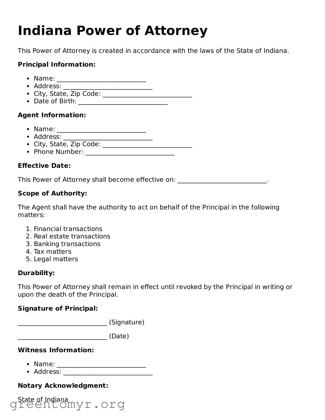 Power of Attorney Form for the State of Indiana