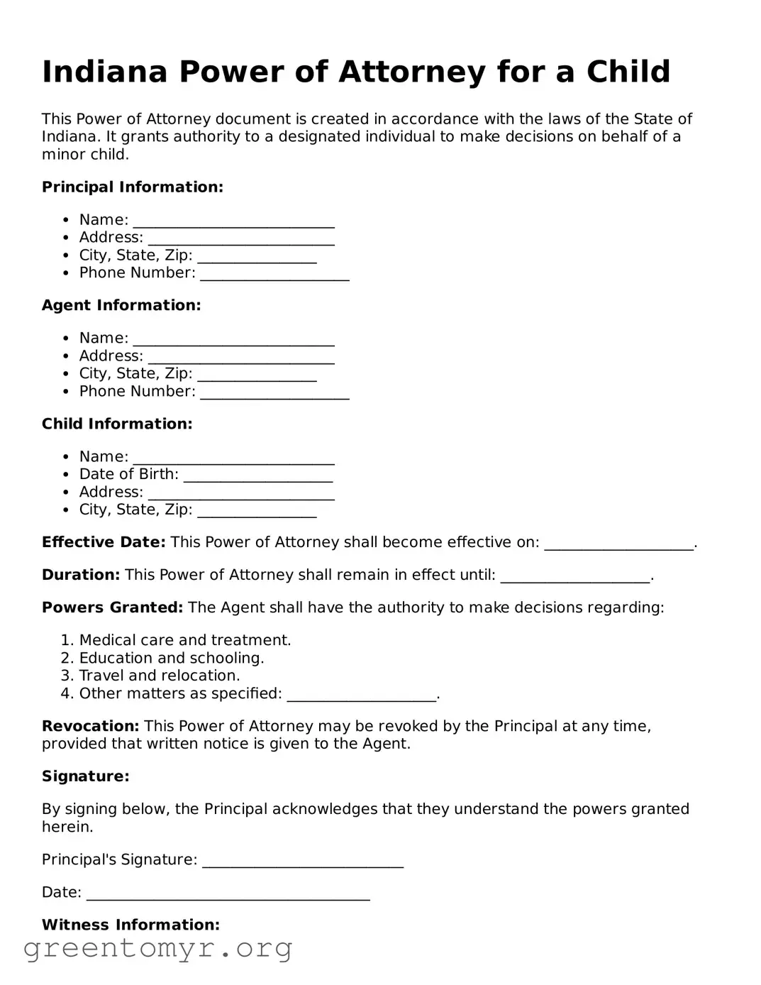 Power of Attorney for a Child Form for the State of Indiana