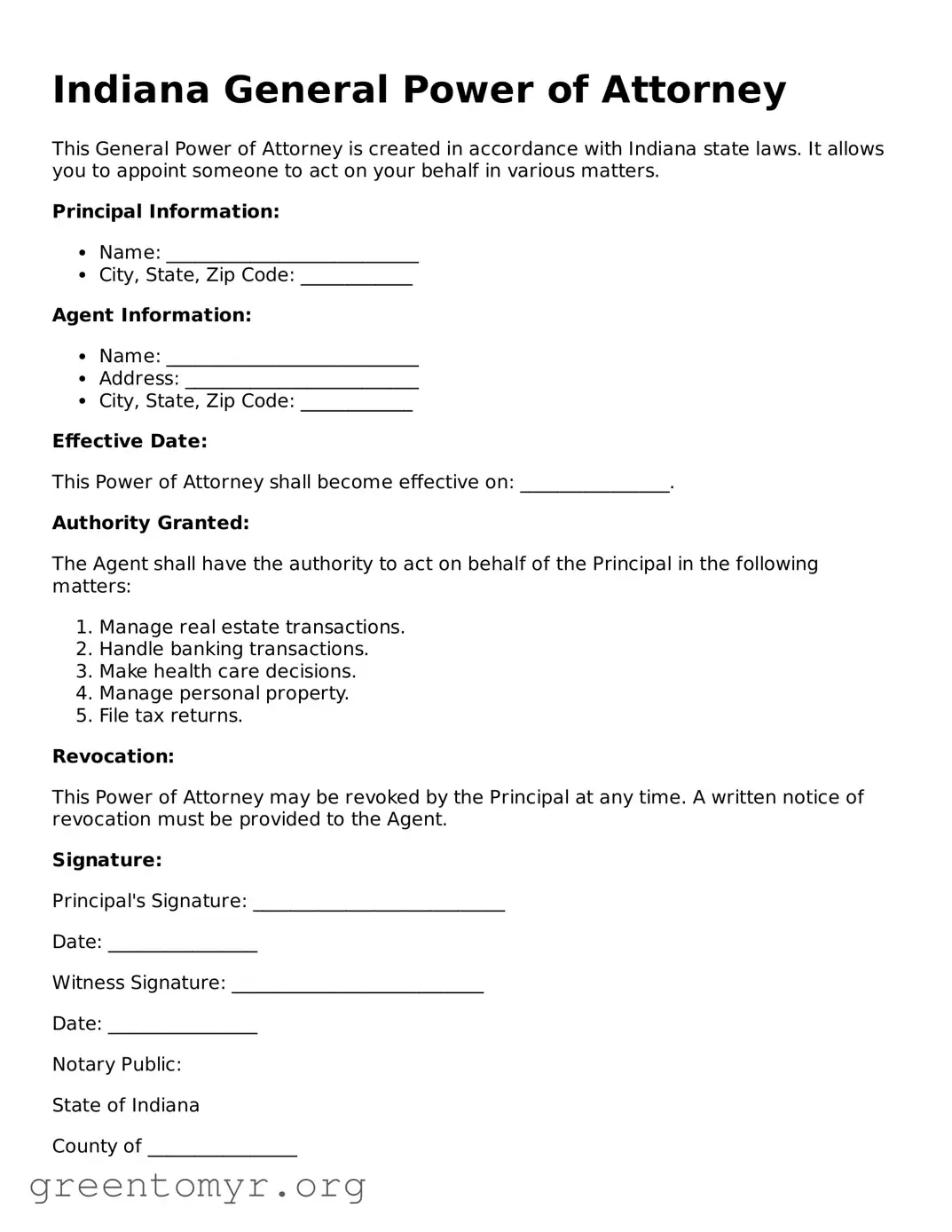 General Power of Attorney Form for the State of Indiana