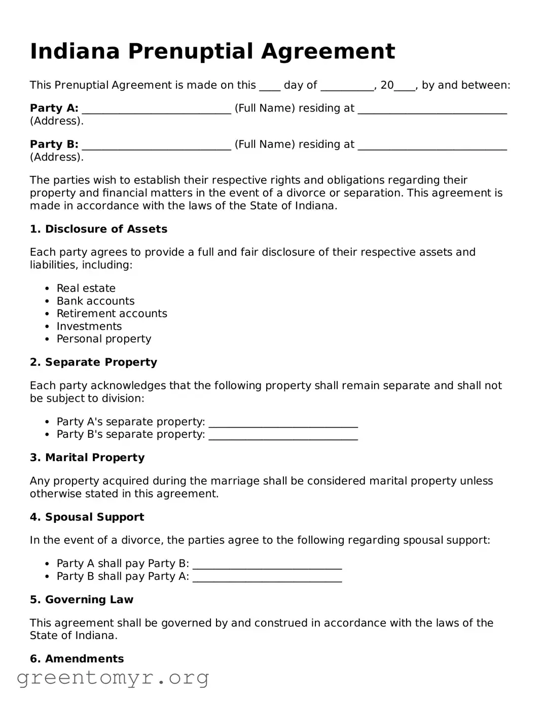 Prenuptial Agreement Form for the State of Indiana