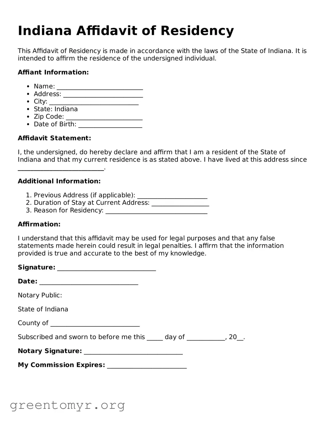 Affidavit of Residency Form for the State of Indiana